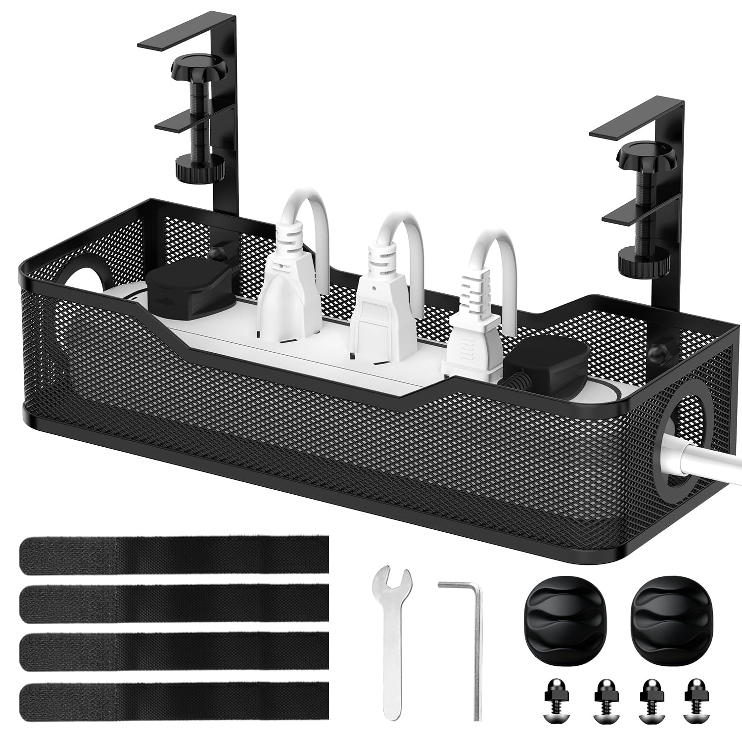 SUPEASY Untertisch-Kabelmanagementwanne höhenverstellbar, Bohrfreier Metallgitter-Kabelorganizer mit PDU-Halterung für Büro/Zuhause, Schwarz