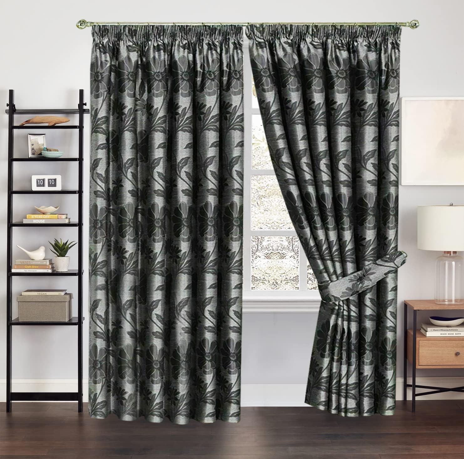 New Luxury Jacquard Fully Lined Pencil Pleat Antalya Curtain With Matching Tiebacks (Silver, 90"X108")