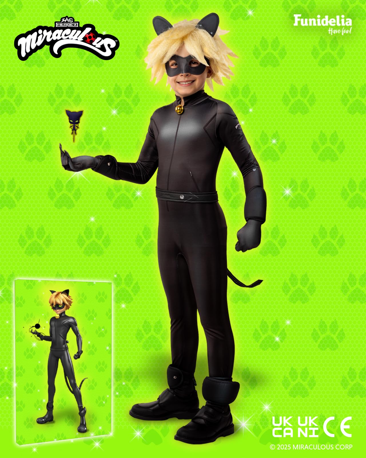 Funidelia Disfraz de Cat Noir con accesorios - Ladybug para niño, Licencia Oficial, Talla 5-6 años Dibujos Animados, Ladybug - Traje para niños para fiestas, Carnaval y Halloween
