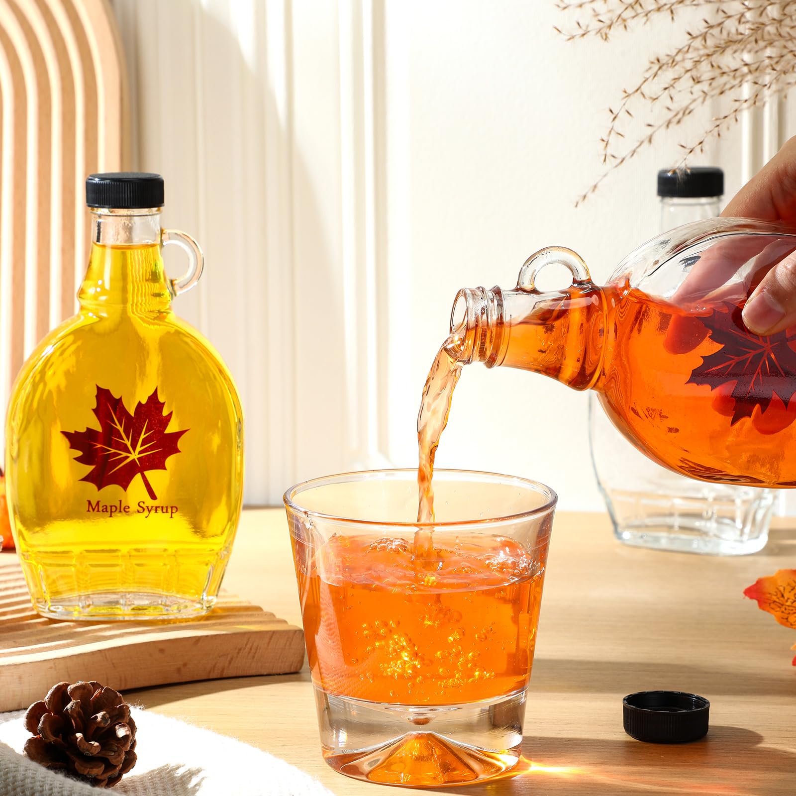 Havawish 12 Pcs Glass Maple Syrup Bottles Reusable Clear Glass Bottles with Loop Handle and Black Plastic Lids Jars Syrup Container for Potion Sauce Oil Milk Juice Storage Gift(8 oz)