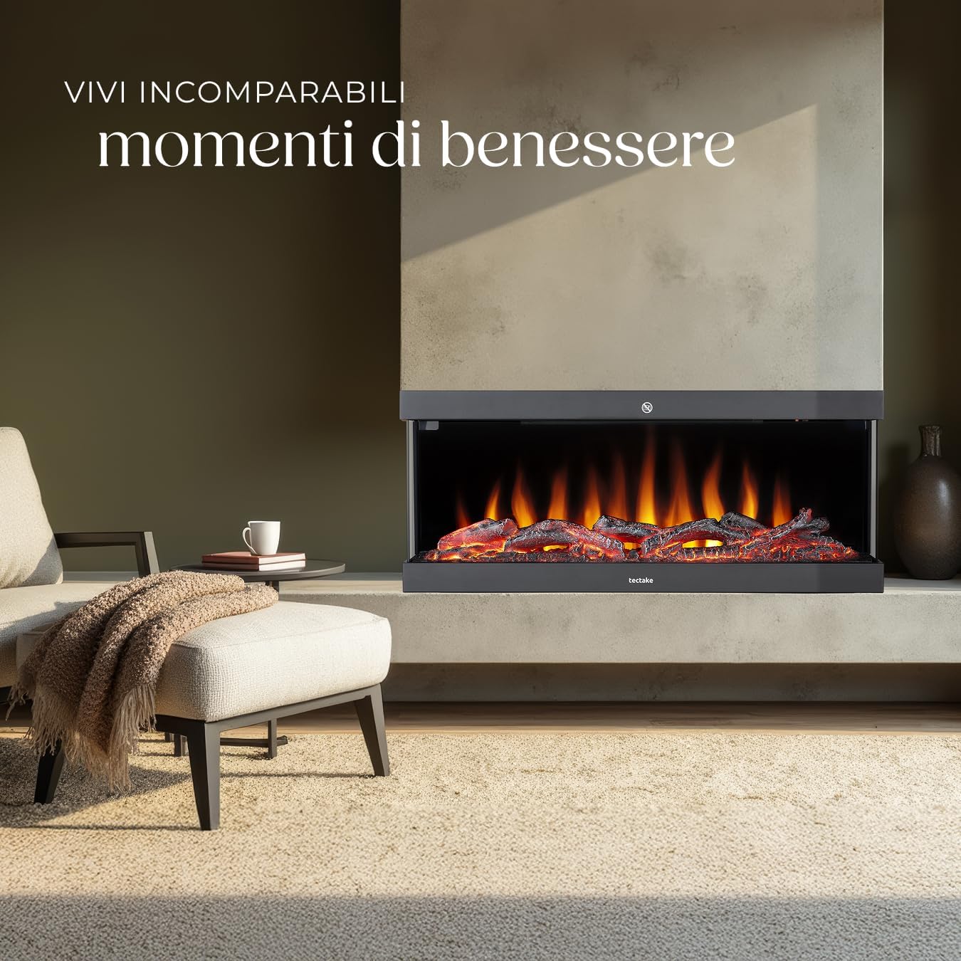 Image showing various flame color combinations and a smartphone screen displaying the Tuya app interface controlling the fireplace.