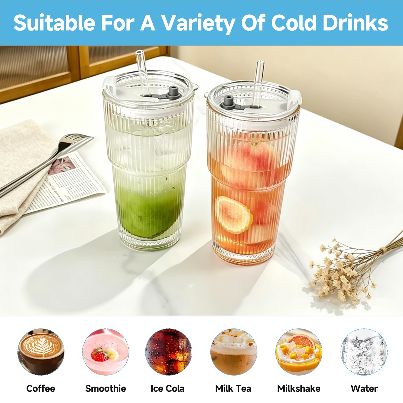 2 Piezas Vasos de Vidrio con Tapa y Pajita, 600ml Vaso Cristal Transparente Diseño a Rayas con Popotes y Cepillo, Vasos Reutilizables para Café Helado, Batidos, Jugo, Cócteles, Cerveza