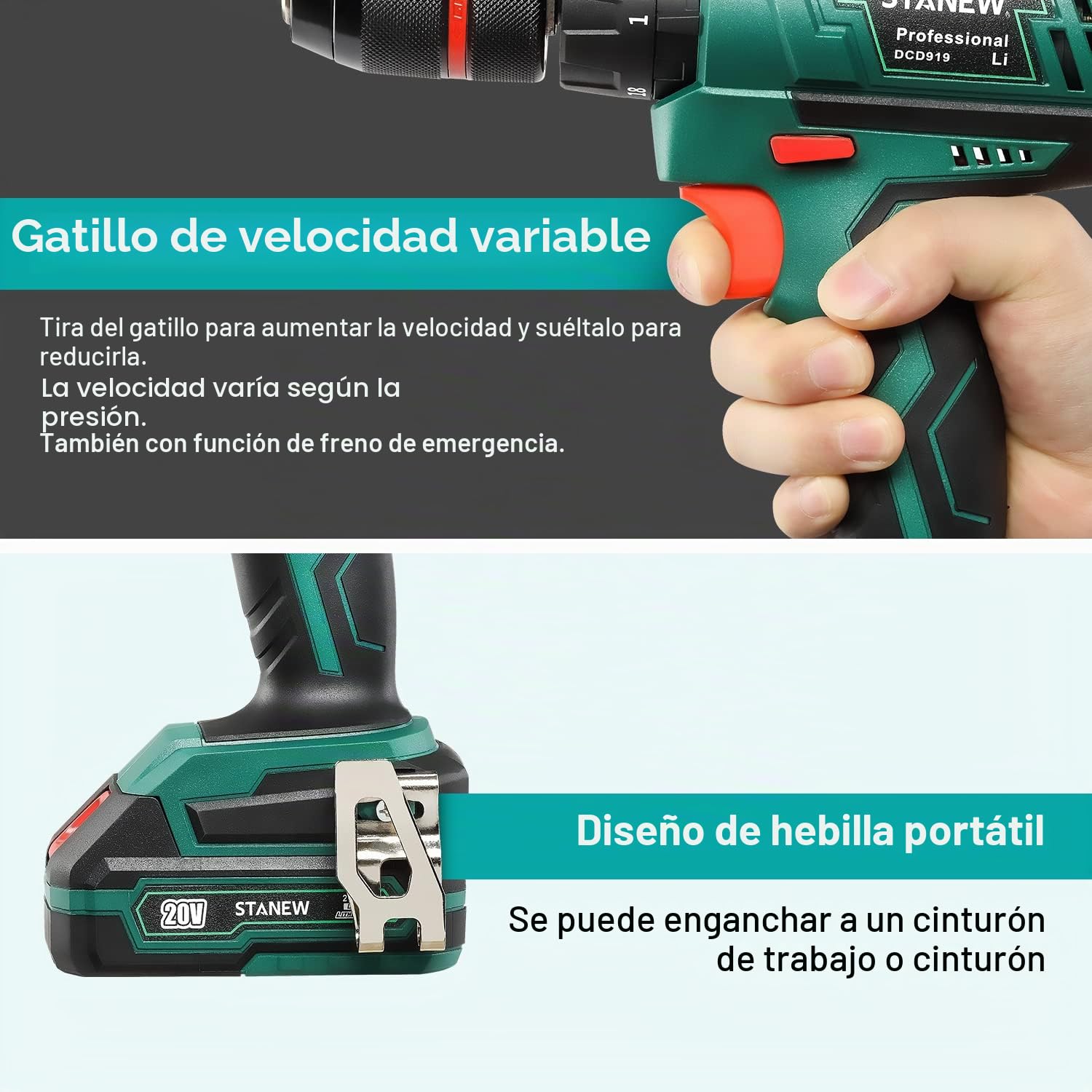 STANEW Taladro Percutor a Bateria 20V, Taladro Atornillador 2x2.0Ah Baterías, 35Nm, 18+3 Ajuste de Par, 2 Velocidad, 24 Accesorios, LED Luz Para Hogar, Bricolaje