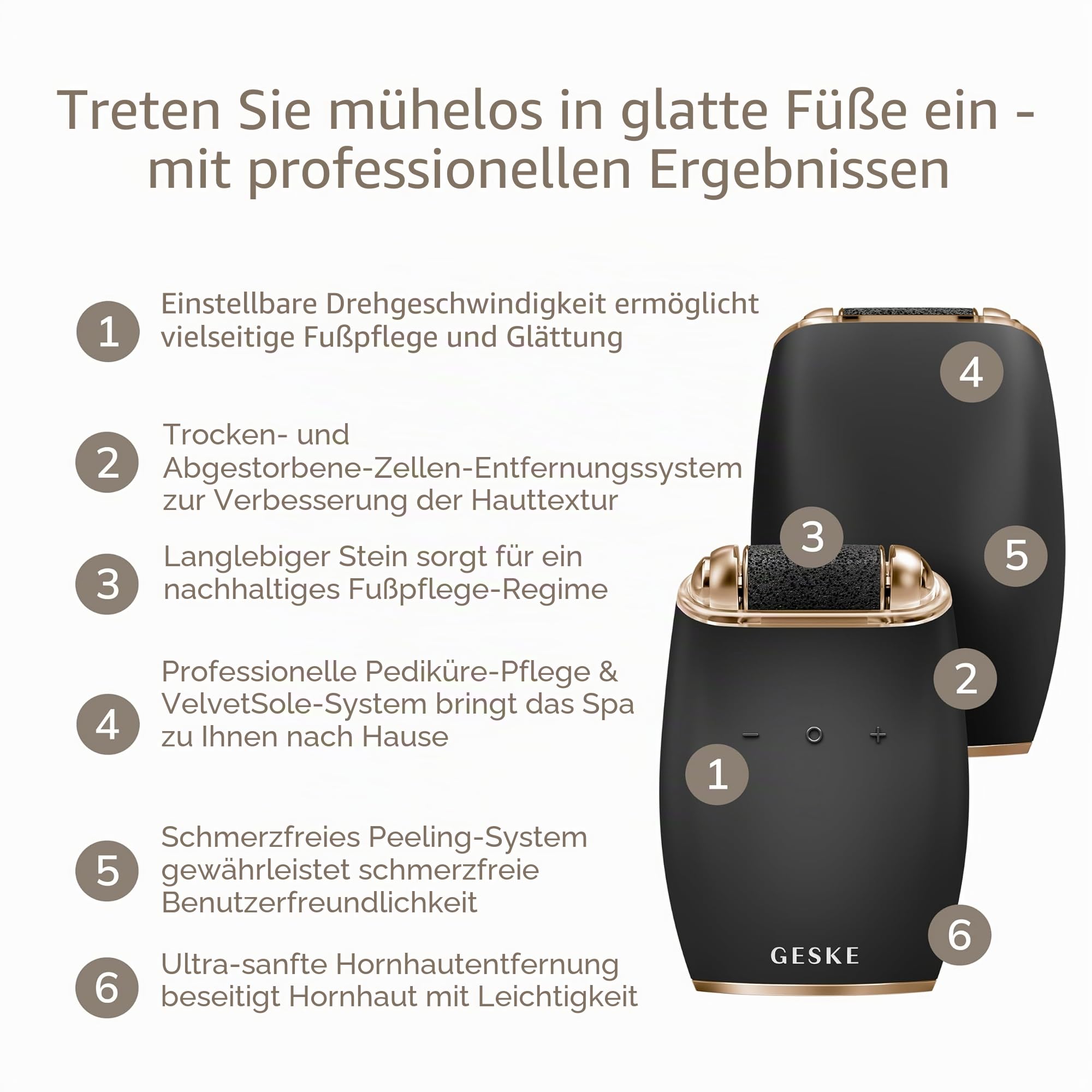 GESKE Electric Pumice Foot Smoothing Roller | 7 in 1 | Elektrische Fußfeile | Bimsstein | Weiche Füße | Effektive Hornhautentfernung | Handliches Design |Für Dein Pediküre-Set