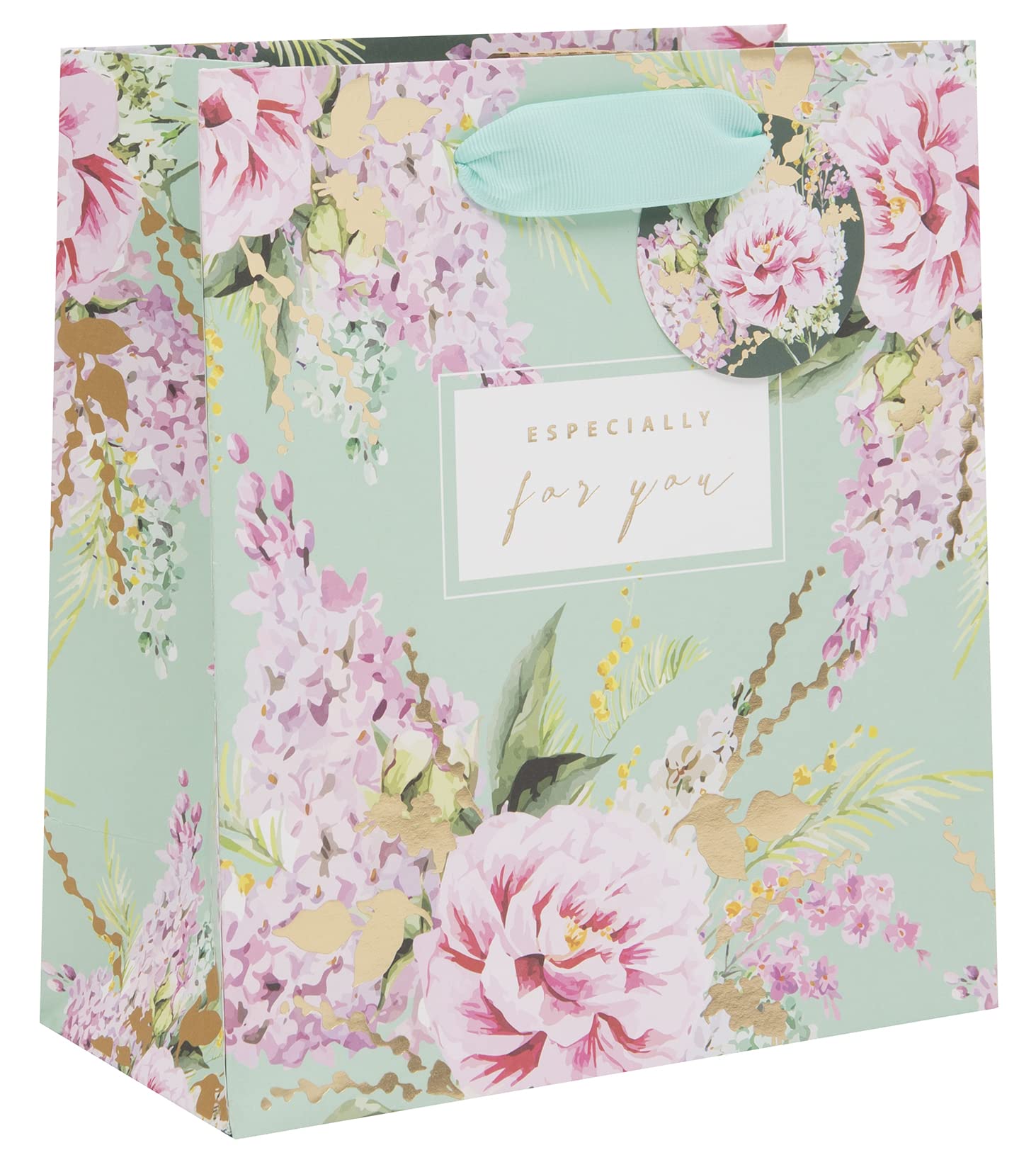 Glick Luxury Medium Gift Bag, Floral Celebrations for Weddings, Birthdays and Other Celebrations, 200w x 225h x 100d mm, Mint Green and Pink — image 1