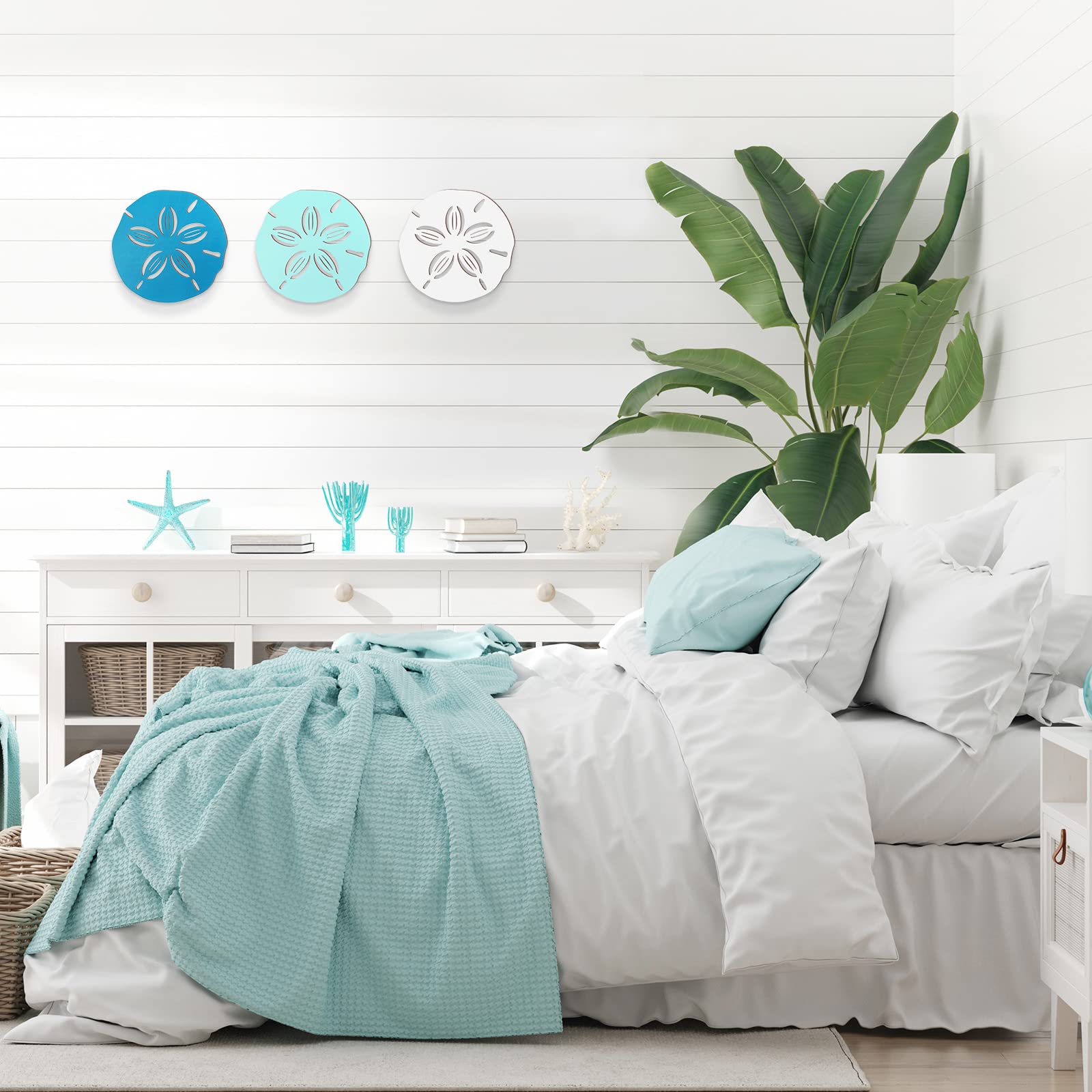 Decoración de pared de dólares de arena, 3 piezas, arte de pared costero de playa, madera, océano, arena, dólares, decoración, arte verde azulado, espuma de mar para decoración del hogar y baño 4