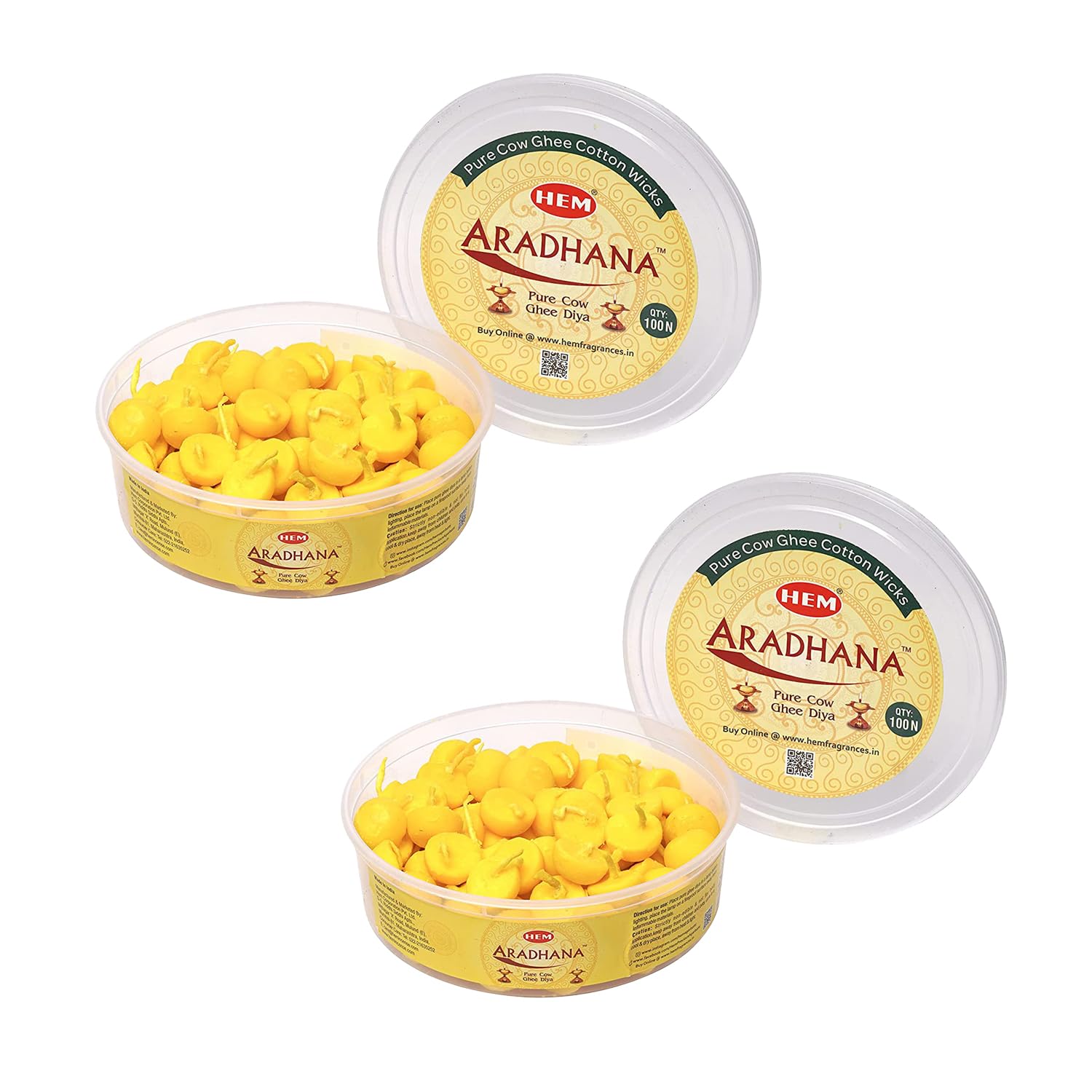 Aradhna Pure Cow Ghee Diya with Batti Pack of 100 Diyas | Pooja Room Items for Home | Wax Free | Ghee Wicks for Prayers, Rituals & Special Occasions | 30 mins Burning Time|Set of 2