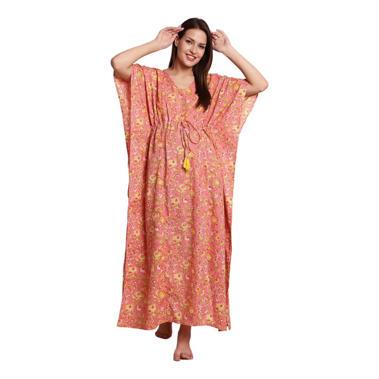 Peach & Yellow Cotton Floral Maternity Kaftan
