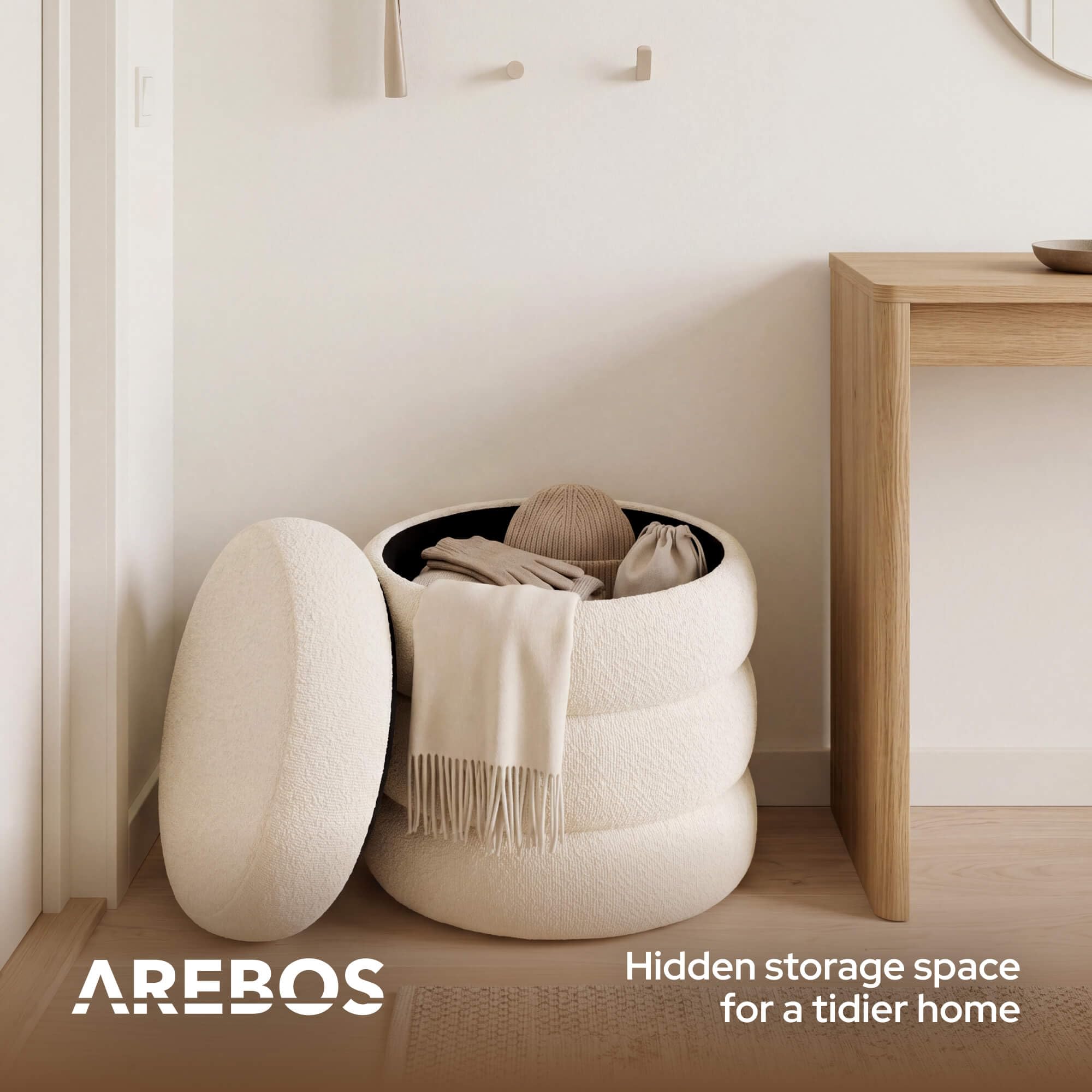 AREBOS Pouf contenitore Ø42 cm | Bouclé | Pouf imbottito | 120 kg | Pouf rotondo con coperchio rimovibile, morbido tessuto bouclé e pratico vano portaoggetti