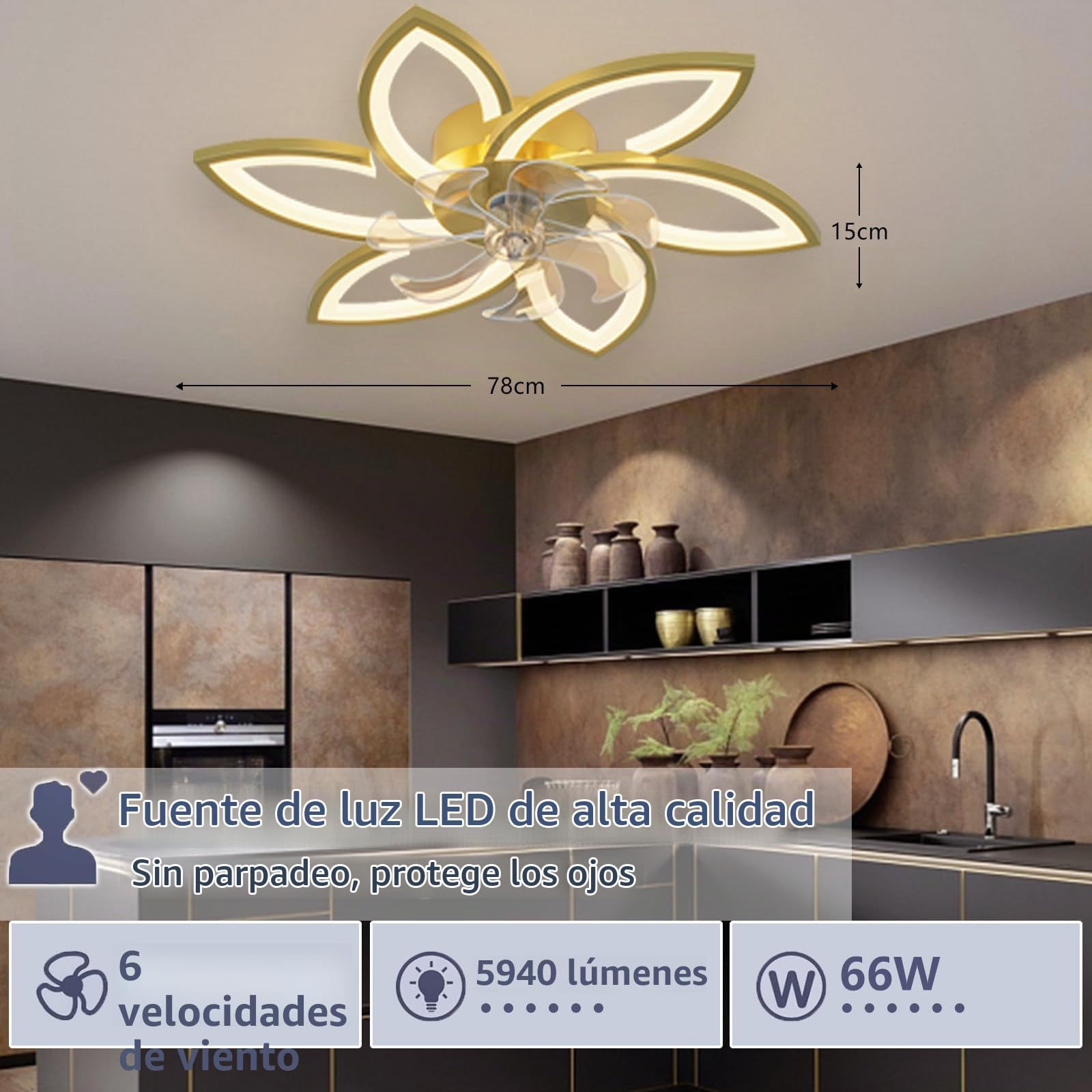 Ventilador De Techo LED Con Iluminación, 66W Regulable Lámpara Colgante, Silencioso Con Luz Para Sala De Estar Dormitorio Comedor, Blanco Gold, 6 Köpfe 78x15cm