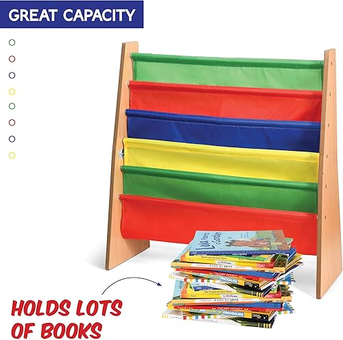 Miniatura 4 de Sagler Organizador de libros para niños pequeños – Estuche de madera para libros y revistas con 5 estantes de tela de nailon multicolor – Estantería