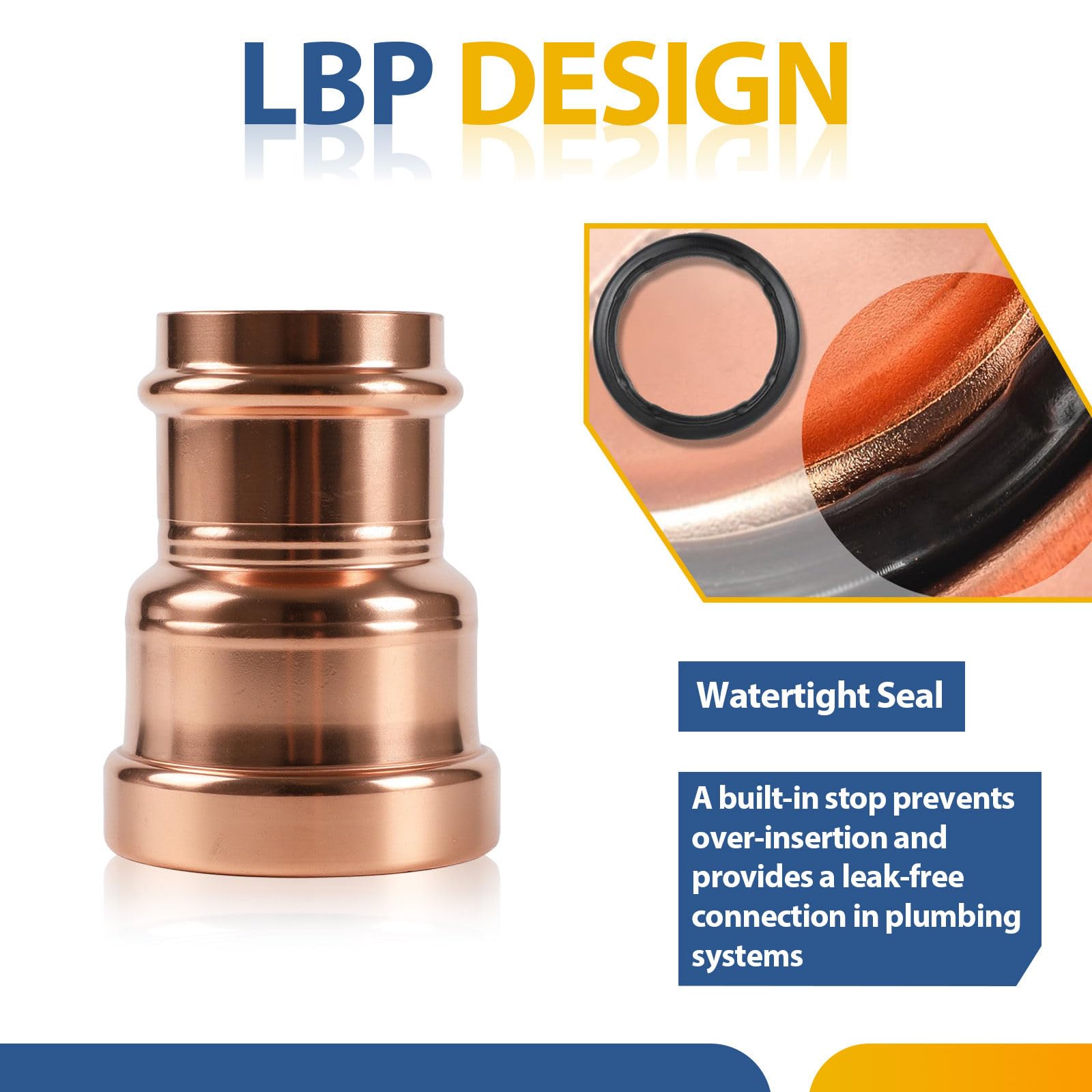 Paquete de 2 acoplamientos de presión de cobre GUOFIS sin tope, 1-1/4" x 1/2", acoplamiento de cobre para conexiones de tuberías de reparación y remodelación de plomería, diseño de flujo continuo.