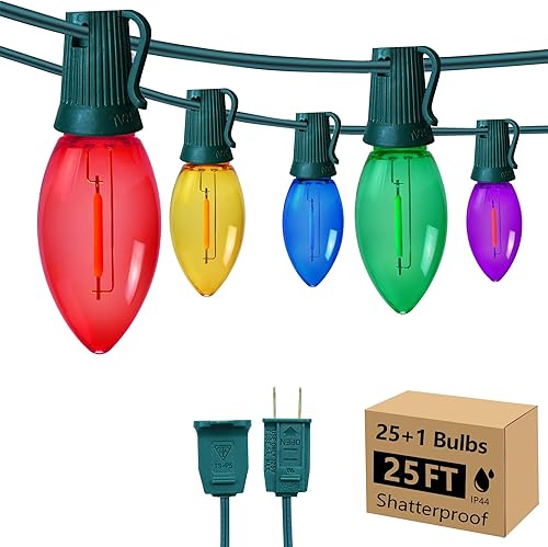 C9 - Tira de luces de Navidad transparentes, 25 pies, 26 bombillas brillantes y multicolores, luces de Navidad para exteriores, interiores y