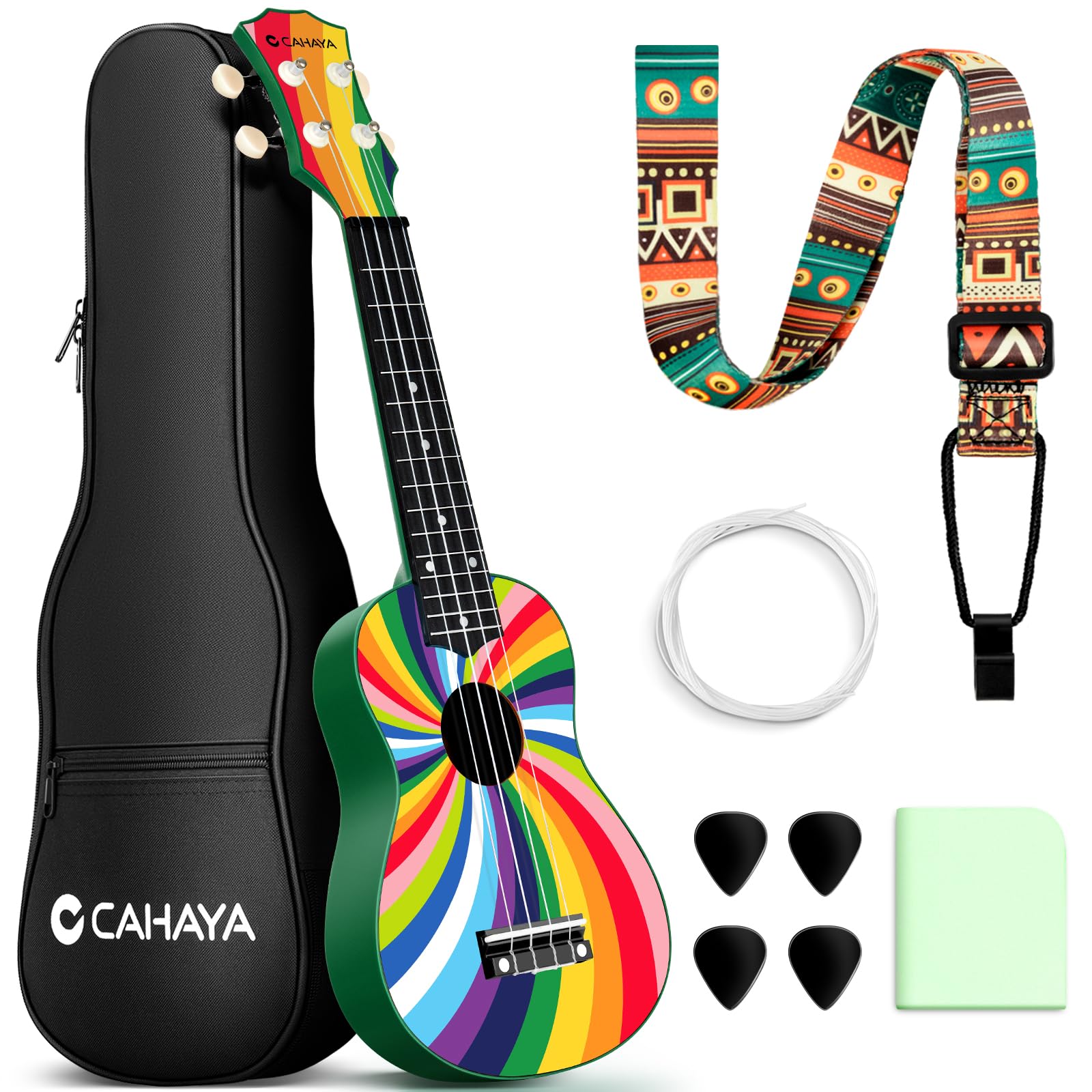 CAHAYA Soprano Ukulele Beginner Kit: 21-Inch Ukulele Cartoon-Themed with Gig Bag Shoulder Strap and Fretboard Stickers for Kids Adults Hawaiian Ukulele Gift Set
