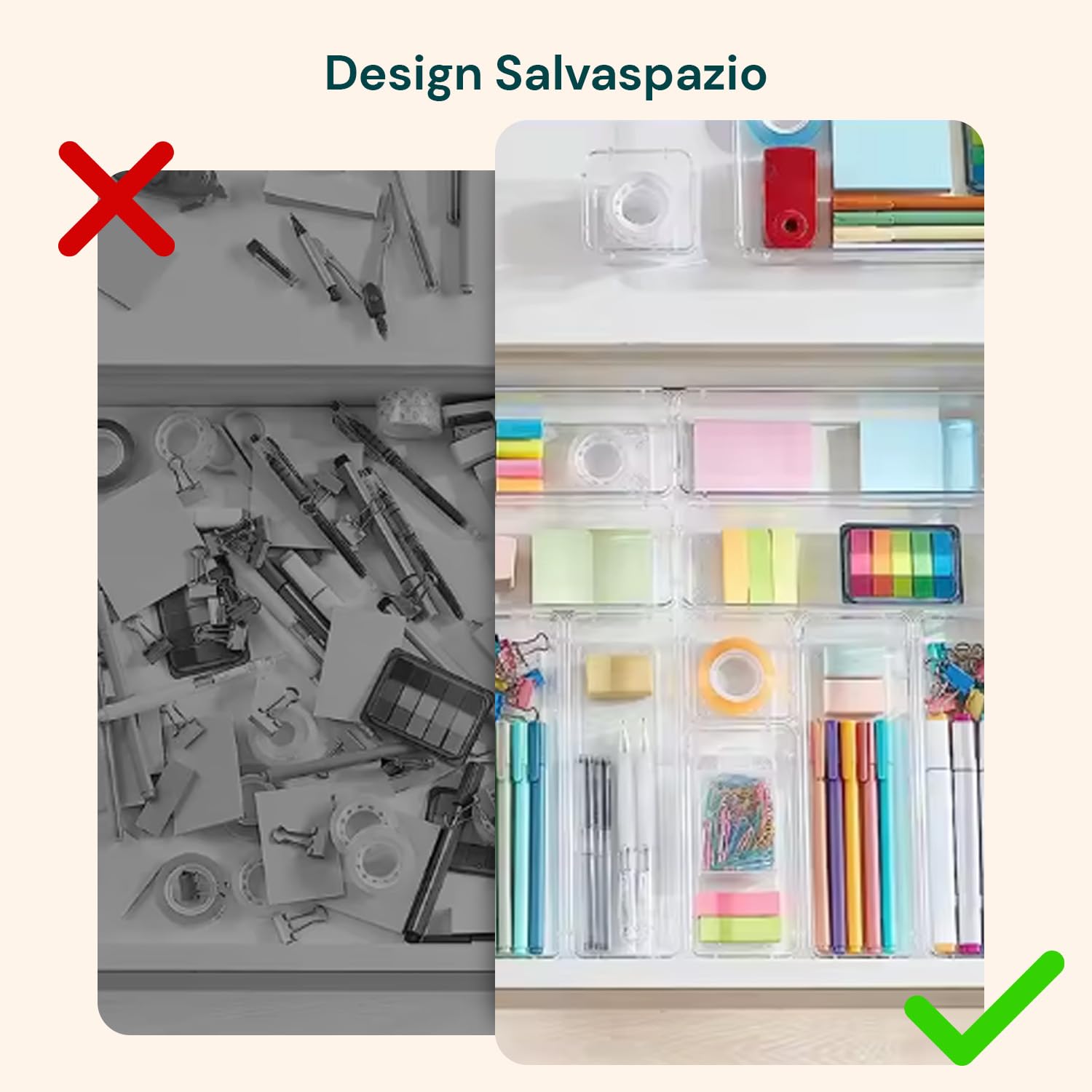 Avilia Set 25 Organizer Cassetti Trasparenti Impilabili - Divisori Modulari Plastica - Contenitori Cassettiera Scrivania, Armadio, Cucina, Make-up - Kit Salvaspazio 4 Formati