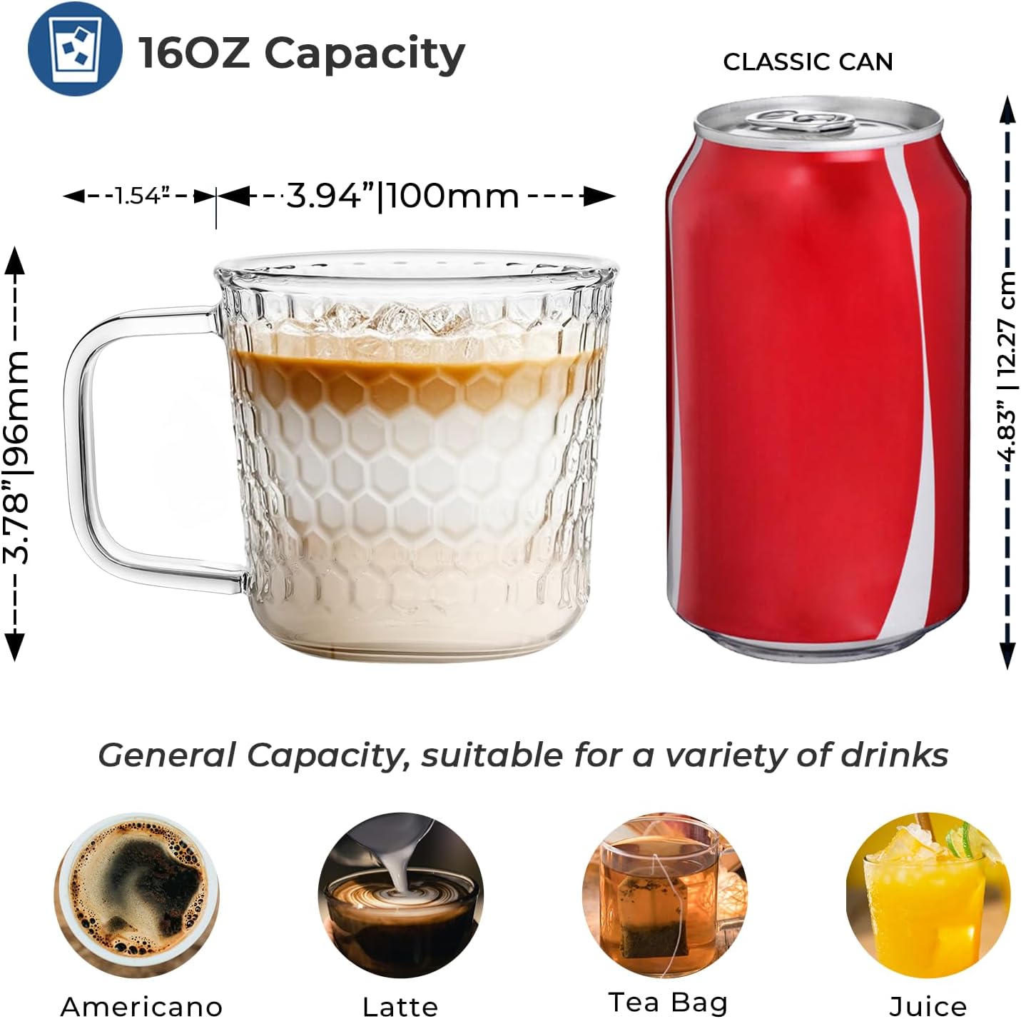 Aquach 16 Oz Glass Coffee Cups, Clear Tea Mugs with Handle, Microwave and Dishwasher Safe Home Office Drinking Mugs Perfect for Americano Cappuccino Hot&Cold Beverages, 2-Pack - Image 5