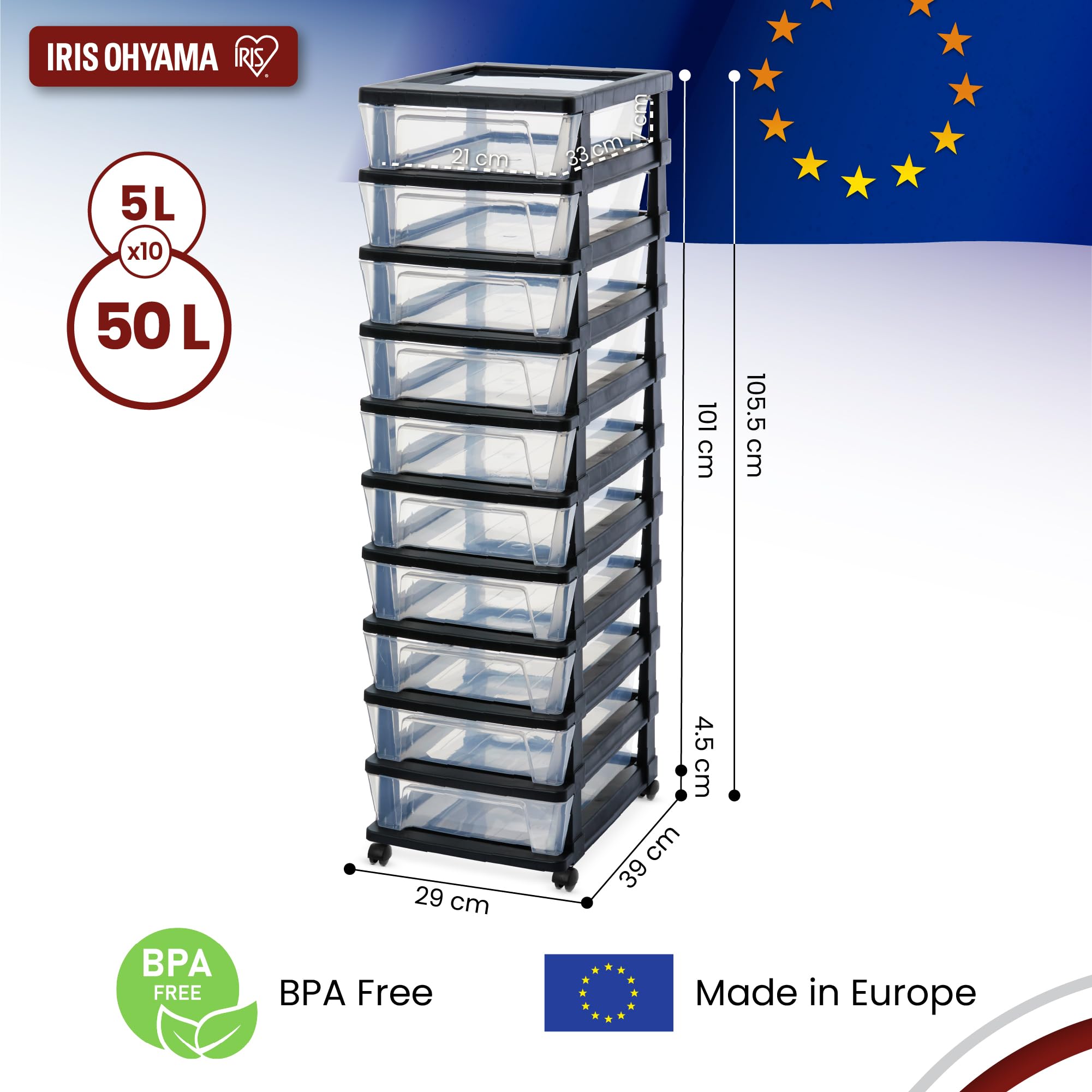 Iris Ohyama, Torre de Almacenamiento de Plástico con Ruedas, 10 Cajones Compactos, Negro, Fácil Apertura, Organizador para Oficina y Dormitorio, Sin BPA, KMC-010