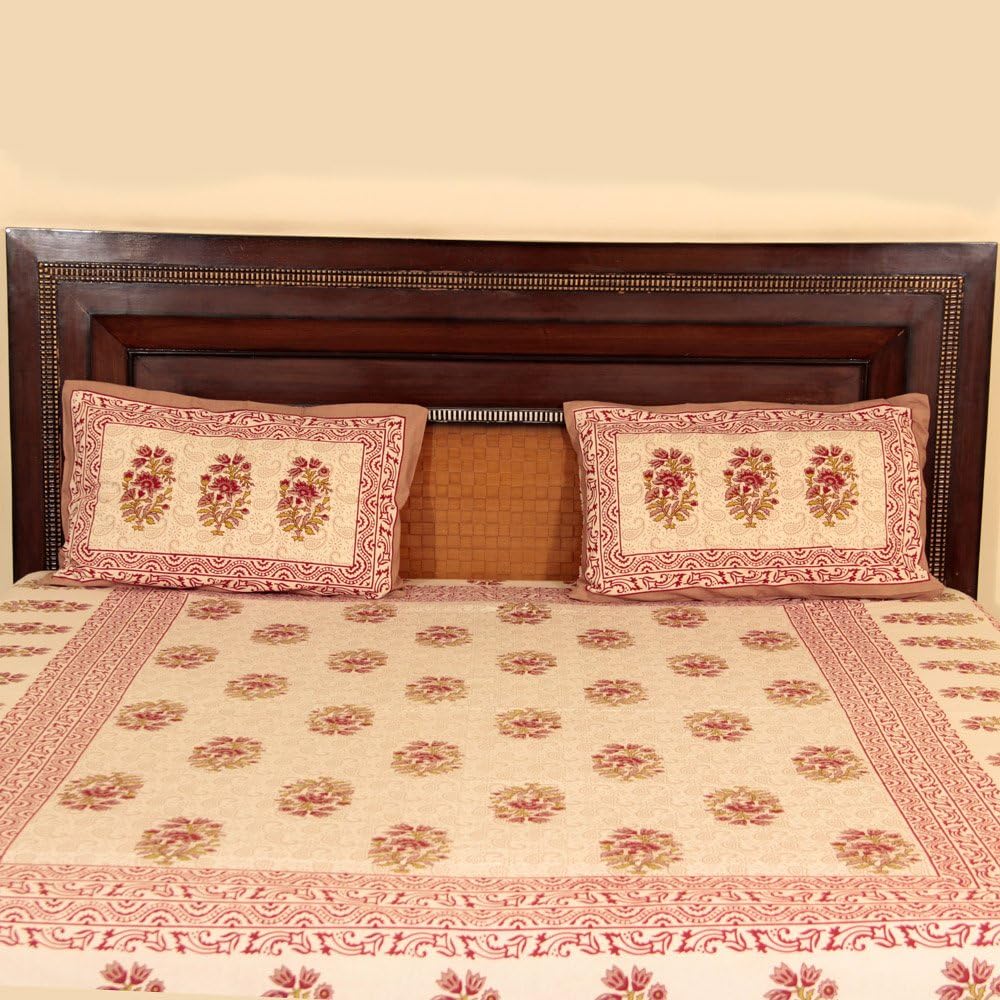 Varmohey Royal Handicrafts Traditional Hand Printed Ethnic Jaipuri Bedsheet - Light Brown