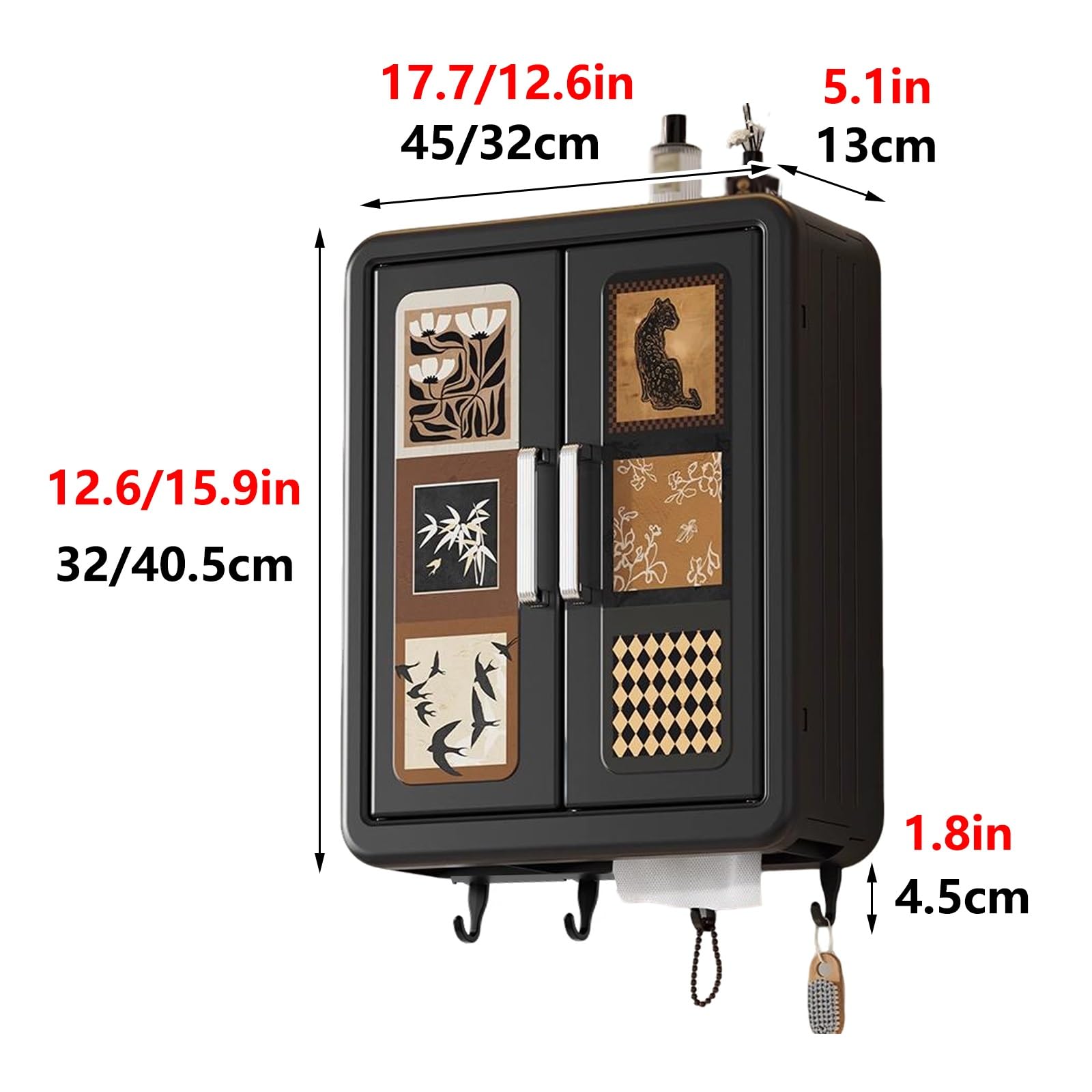 Armadietto Bagno Sospeso Nero Ante Magnetiche a Doppia Cerniera Pensili Bagno Sospesi Salvaspazio con Ganci Materiale Plastico Adatto a Bagni e Soggiorni(45 * 13 * 32cm)