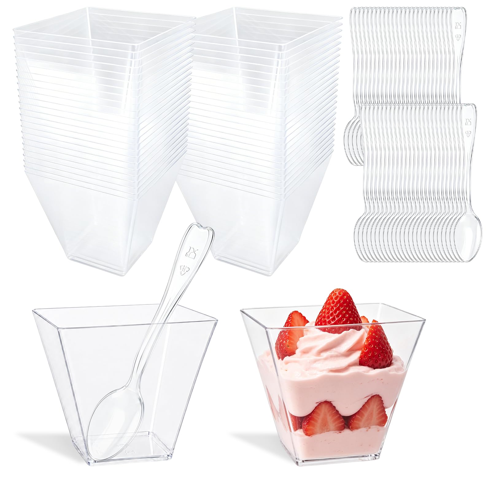 XIANJIA 50 Pcs Dessert Cups with Spoon Hard Plastic Mini Dessert Bowls Party Use Cheesecake Pots for Pudding Mousse Parfait Tiramisu Jelly Appetizer 60ml