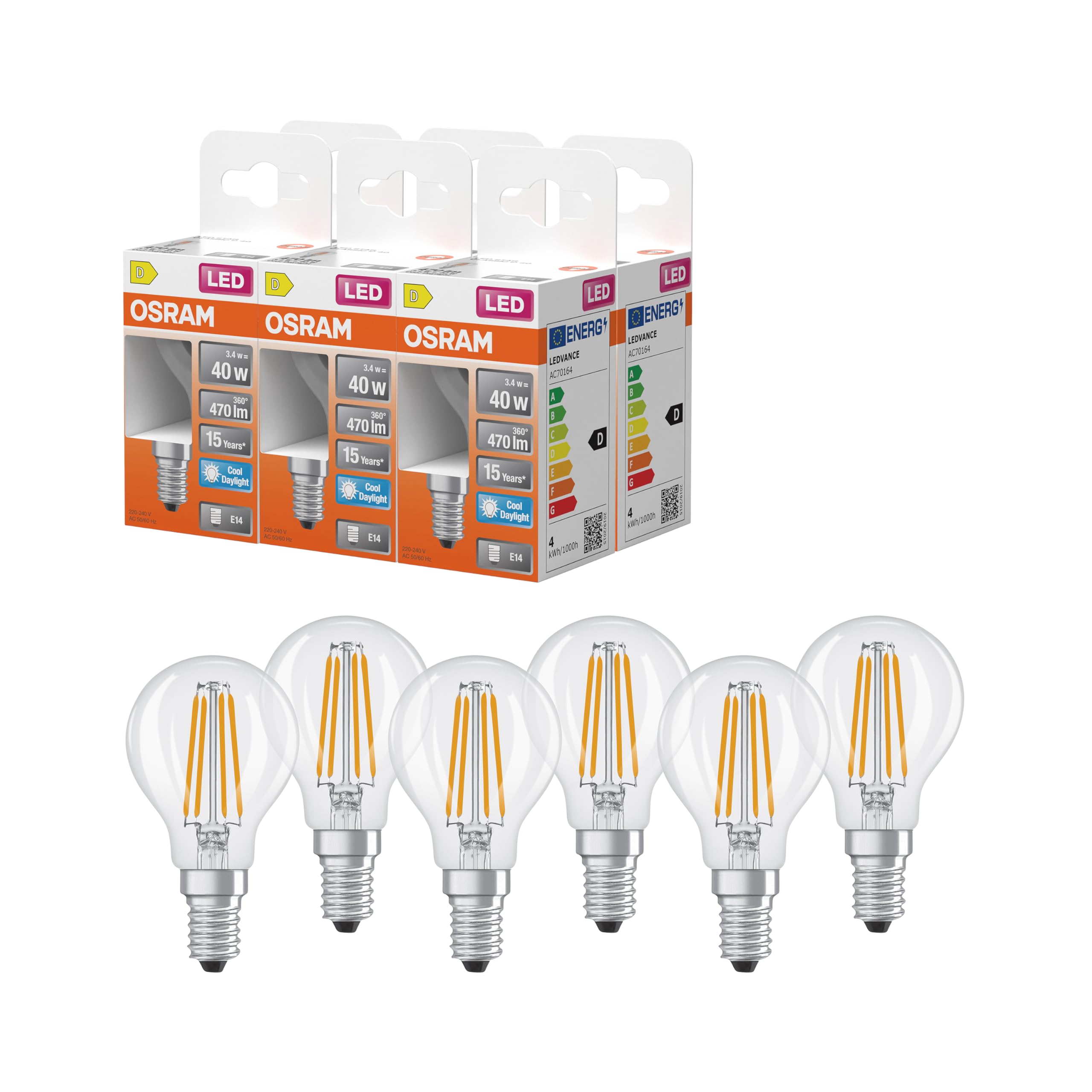 OSRAM Lampada LED Star Globe P40 Filament, 6500 K luce bianca fredda diurna, 3,4 W, E14, trasparente, 470 lm, per apparecchi da tavolo e a sospensione, 15.000 ore,6-Pack