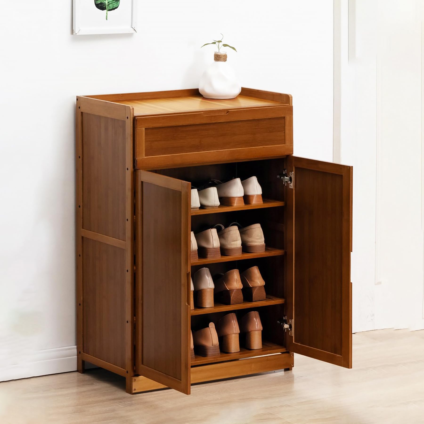 Zapatero de bambú de 6 niveles con puertas plegables para armario y entrada de 60x33x85 cm