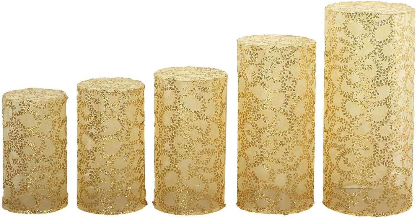 Efavormart Set of 5 Gold Sequin Mesh Cylinder Display Box Stand Covers with Leaf Vine Embroidery, Sparkly Sheer Tulle Pedestal Pillar Prop Covers