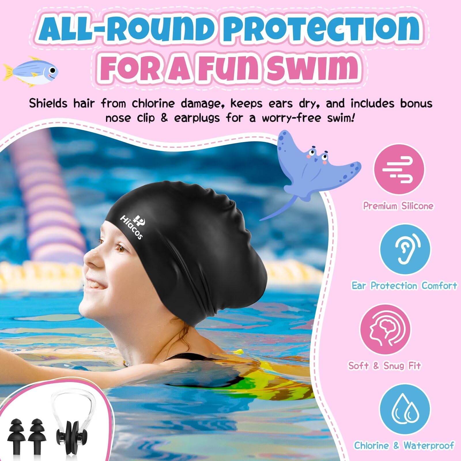 Paquete de 2 gorros de natación para niñas y niños, gorro de natación de silicona de 2 tamaños para niños y adolescentes, sombreros de natación impermeables para cabello largo para mantener el cabello