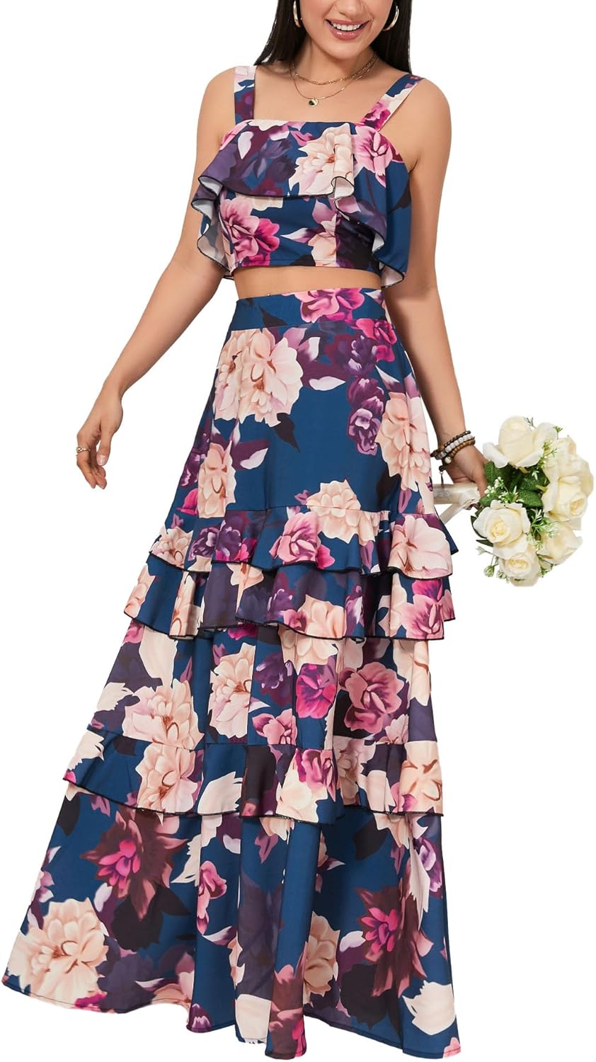SOMTHRON Women's Summer 2 Piece Outfits Floral Print Strap Crop Tops Tiered Ruffle Skirt Sets Maxi Long Dress - Image 2