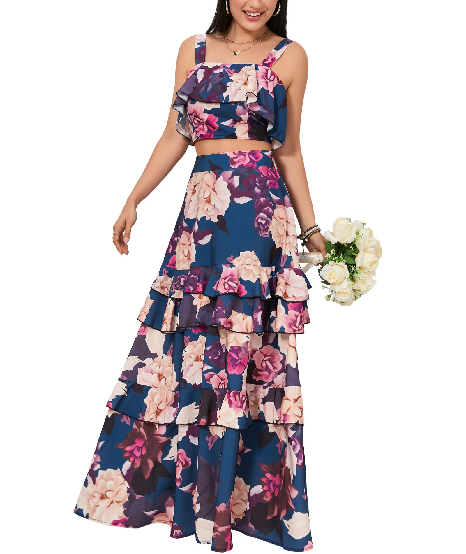 SOMTHRON Conjunto de 2 piezas de verano para mujer, vestido largo con estampado floral y falda con volantes escalonados