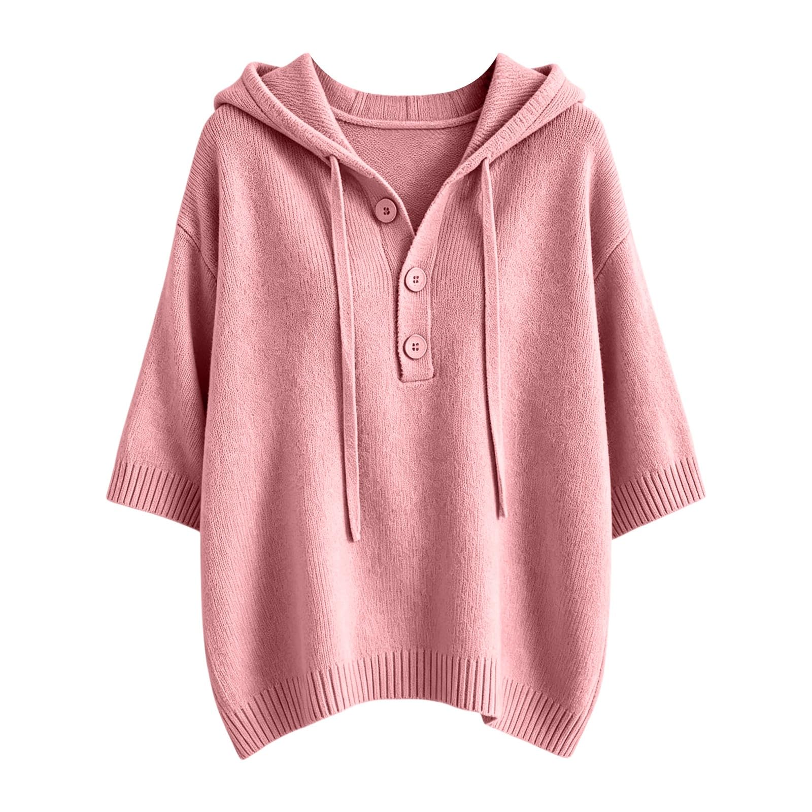 Kapuzen Strickoberteil Damen 3/4 Ärmel Knopfleiste Kordel Kapuze Lässig