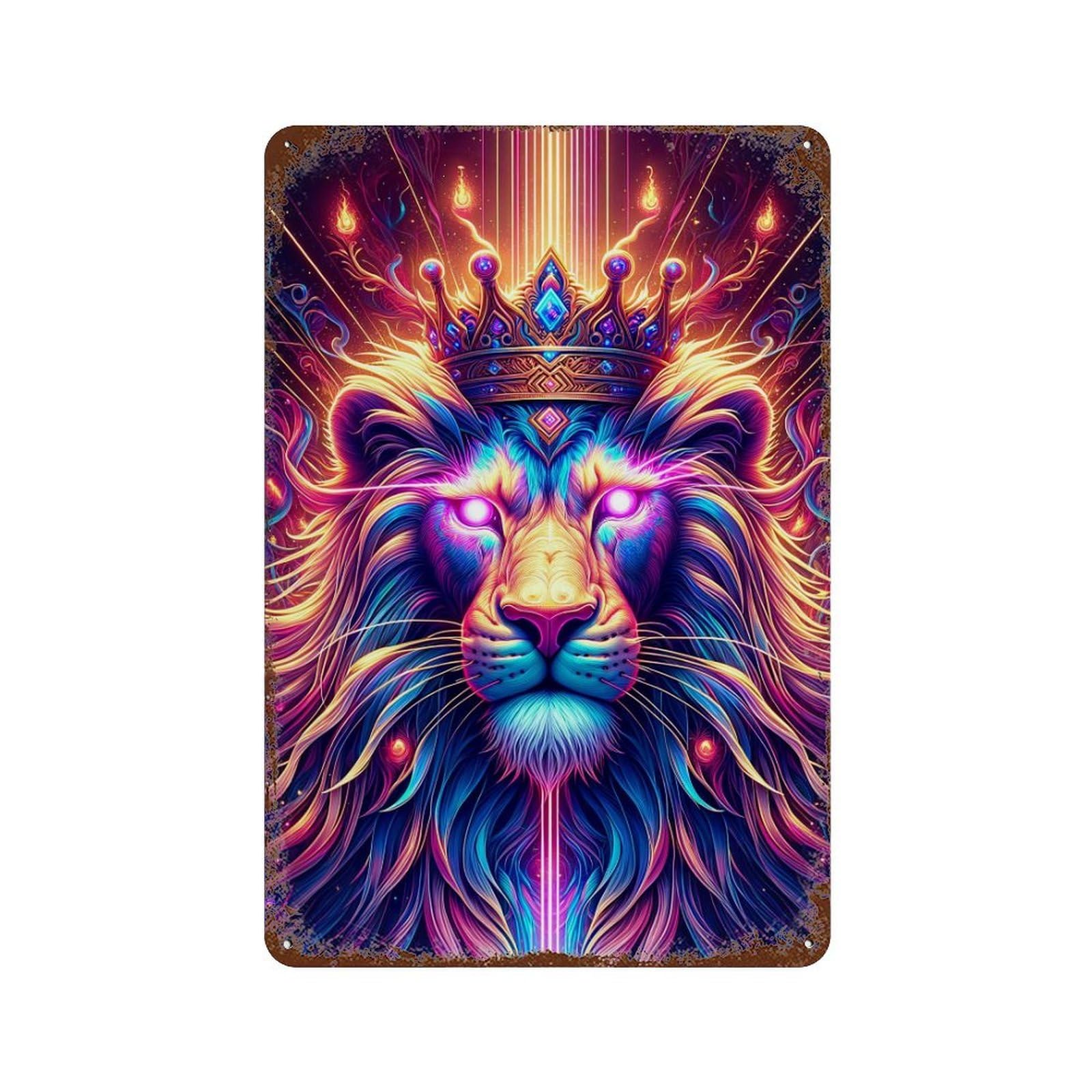 Magical Lion Crown Artwork Rust Effect Tin Sign 11.8"x7.9", Rustic Home Decor for Cafe, Home Bar And Lounge Decor