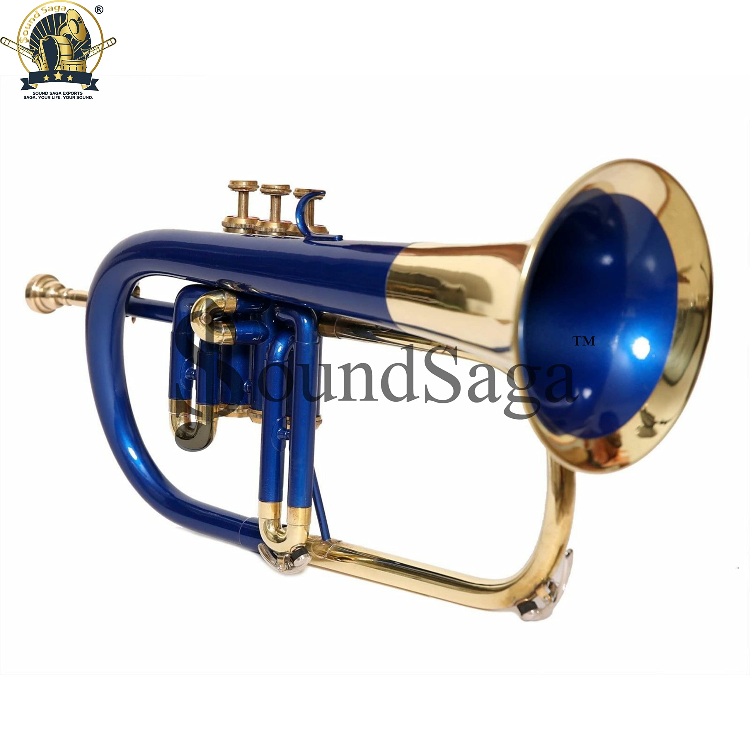 Flugel Horn 3-zaworowy skok BB najwyższej jakości mosiądz, w tym ustnik i futerał (niebieskie złoto)
