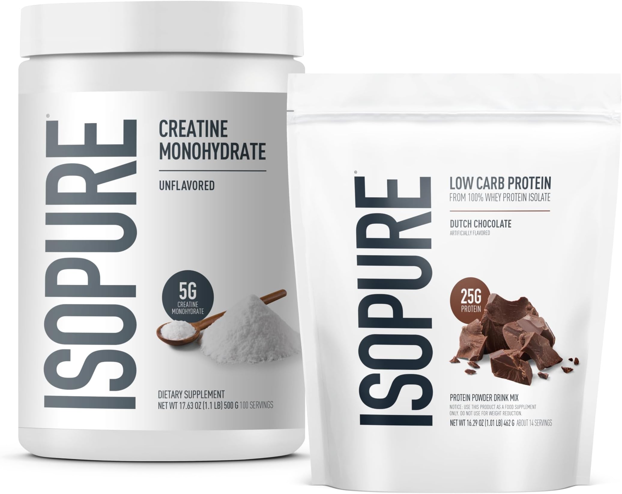 Isopure Bundle of Low Carb 100% Pure Whey Isolate Protein Powder, Dutch Chocolate, 25g Protein Per Serving, 1 Lb, 15 Servings + Isopure 100% Pure Creatine Monohydrate Powder, 100 Servings