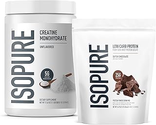 Isopure Bundle of Low Carb 100% Pure Whey Isolate Protein Powder, Dutch Chocolate, 25g Protein Per Serving, 1 Lb, 15 Servings + Isopure 100% Pure Creatine Monohydrate Powder, 100 Servings