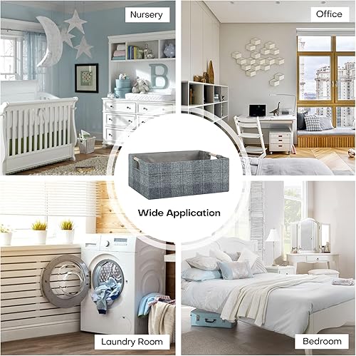 Miniatura 9 de LaMorée Caja de almacenamiento de tela plegable, cubo de almacenamiento de lino y algodón con asas de madera, rectangular, decorativo, cuarto de