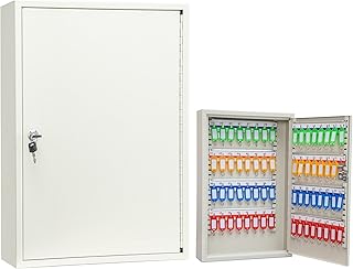 Furnishh Key Lock Box Wall Mount 64 Position Metal Locking Key Cabinet Organizer with Key Tags Key Safe Security Storage Lockbox Holder for Valets, Hotels, Car and House Keys, Key Keeper Box - White