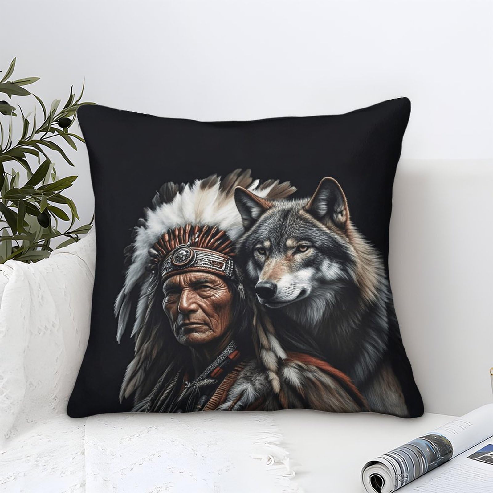 XiaopangXY 45x45cm Cushion Cover Decor, Mohican Wolf Pillowcases, Microfiber Native American Themed Throw Pillow Case Pillow Cover for Sofa Couch Bedroom
