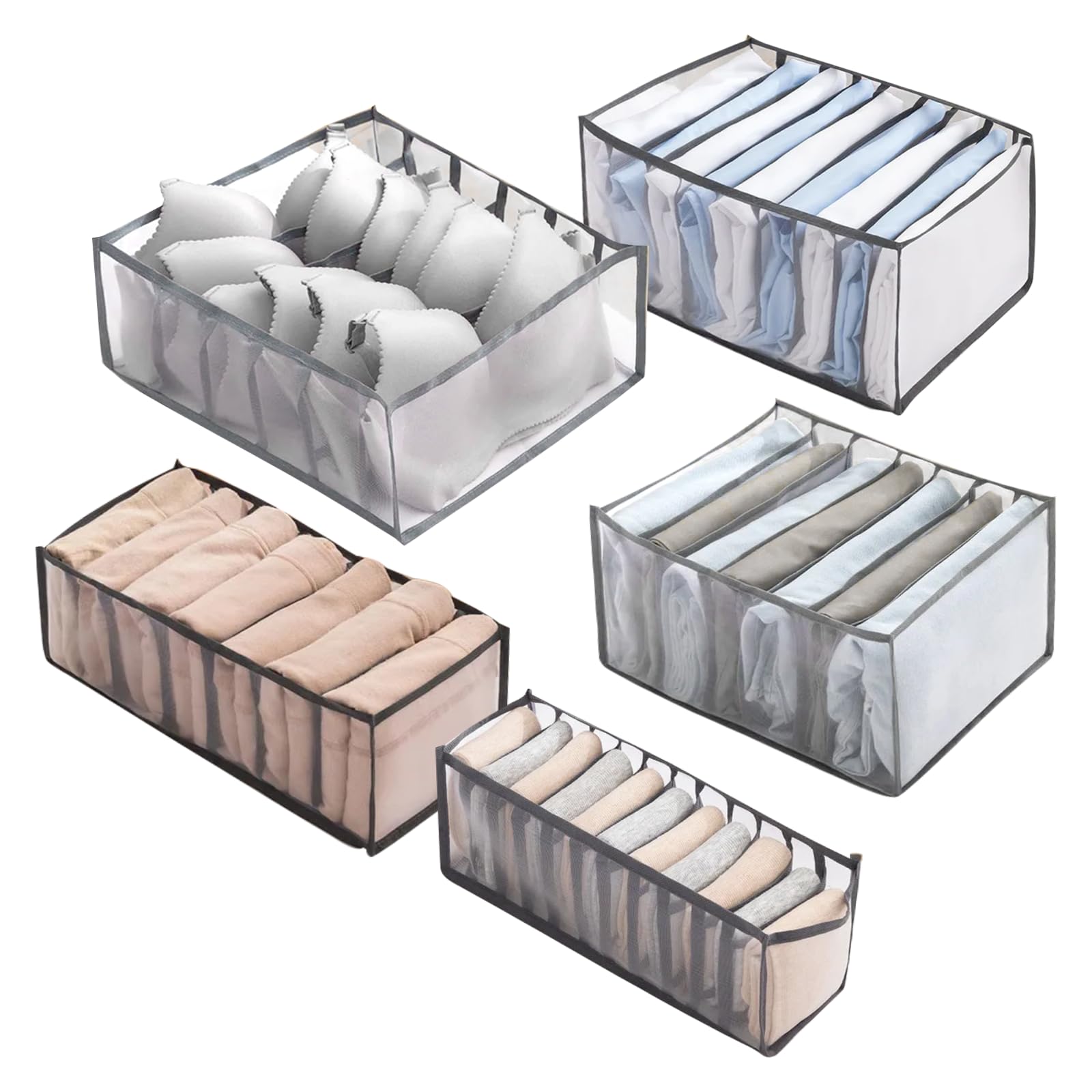 ASelected 5Pcs Clothes Drawer Organiser Wardrobe Clothes Organiser Underwear Drawer Organiser For Socks Shirts Thin Tops Bras And Underpants Mesh(Grey)