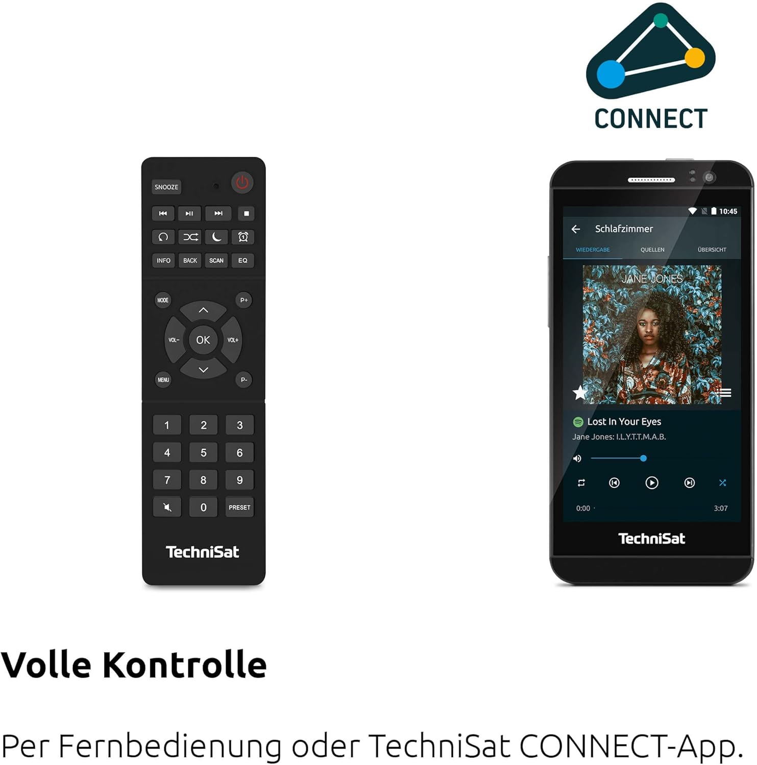 TechniSat DIGITRADIO 370 IR remote control and smartphone app interface.