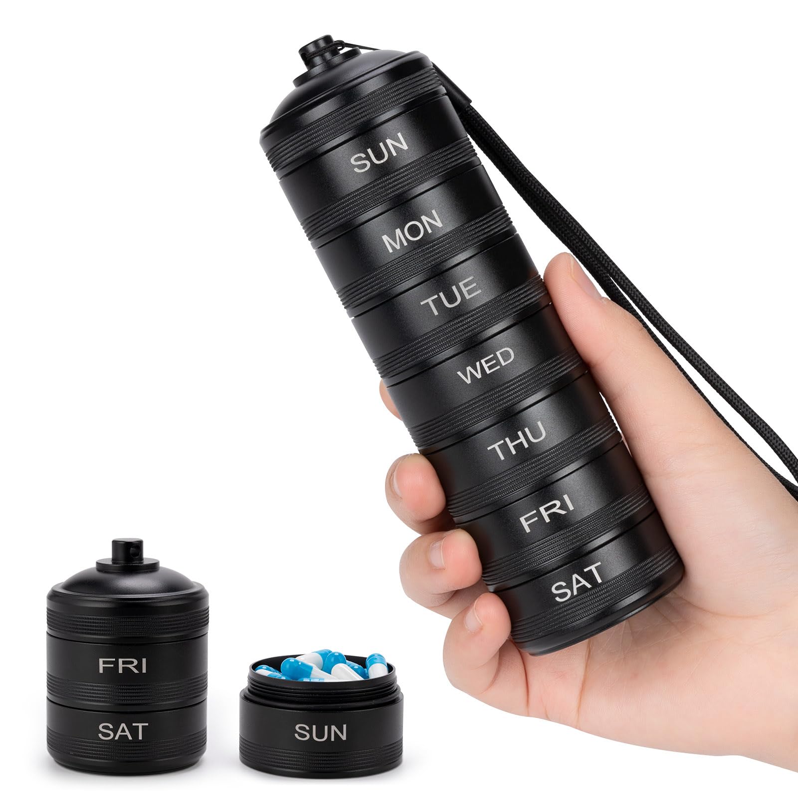 Pill Organizer Weekly Metal Travel Pill Box Waterproof - 7 Day Large Aluminum Alloy Pill Container, Portable Daily Pill Case for Vitamin, Medicine,