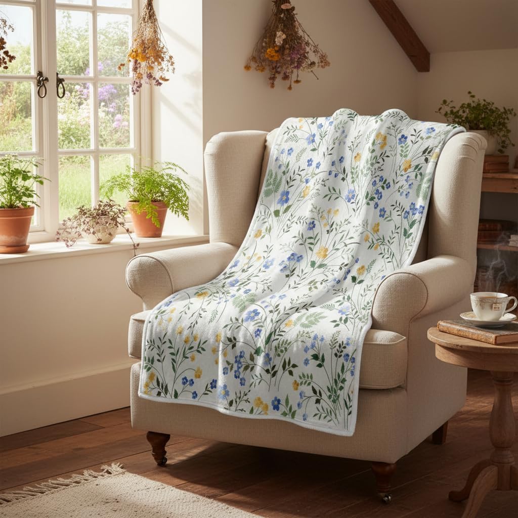 Spring Floral Throw - Blue & Yellow Watercolor Floral Blanket for Couch Sofa Camping, Farmhouse Cottagecore Flowers Bedding Decor, Soft Warm Flannel Throw for Women Girls, 60X70
