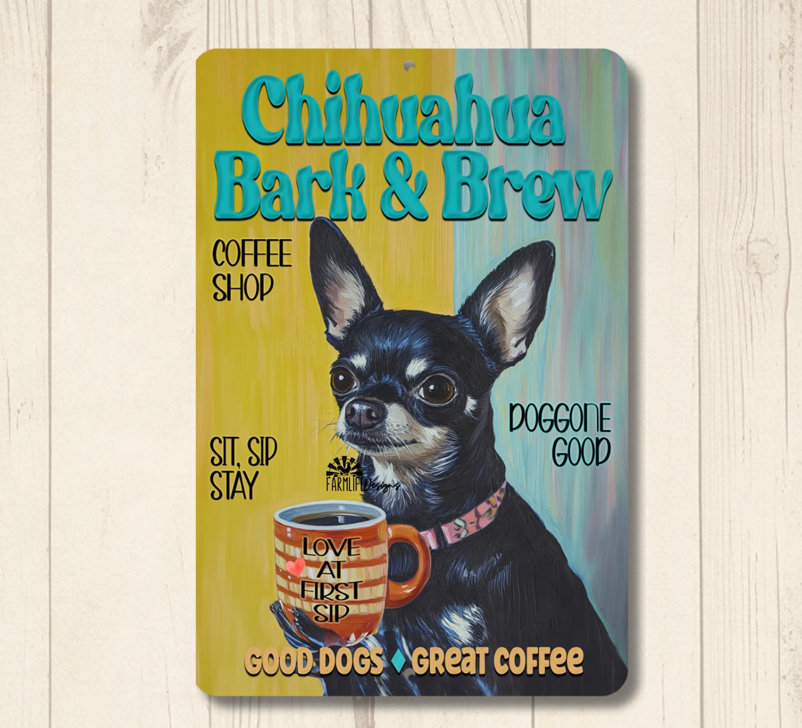 Chihuahua Coffee Bar Sign Bark & Brew dog funny metal tin wall art gift decor home decor