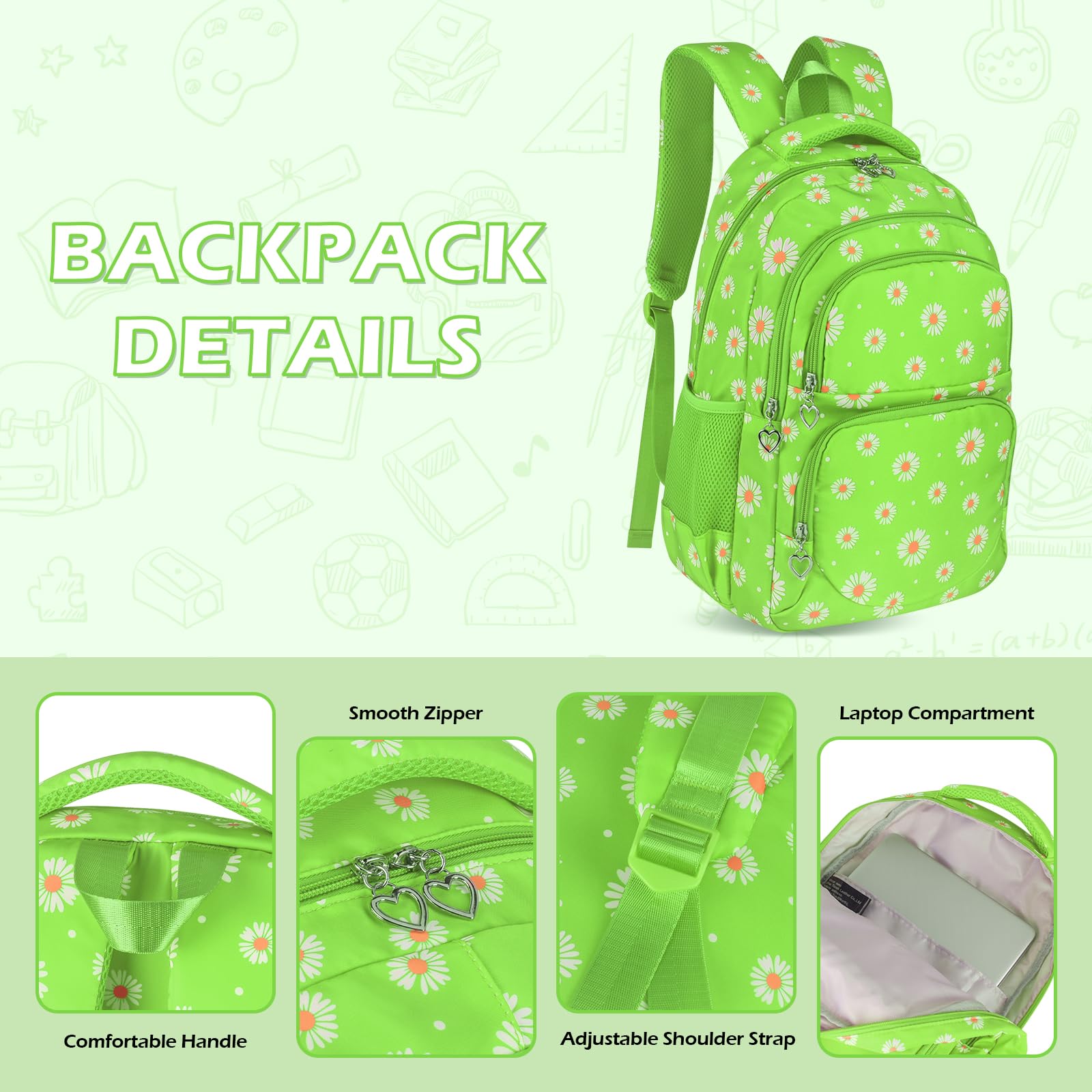 SIVENKE Set di zaino per la scuola con stampa di margherite, con borsa per il pranzo, astuccio, 3 pezzi, borse per la scuola per adolescenti, ragazze, ragazzi, scuola elementare, media, resistente