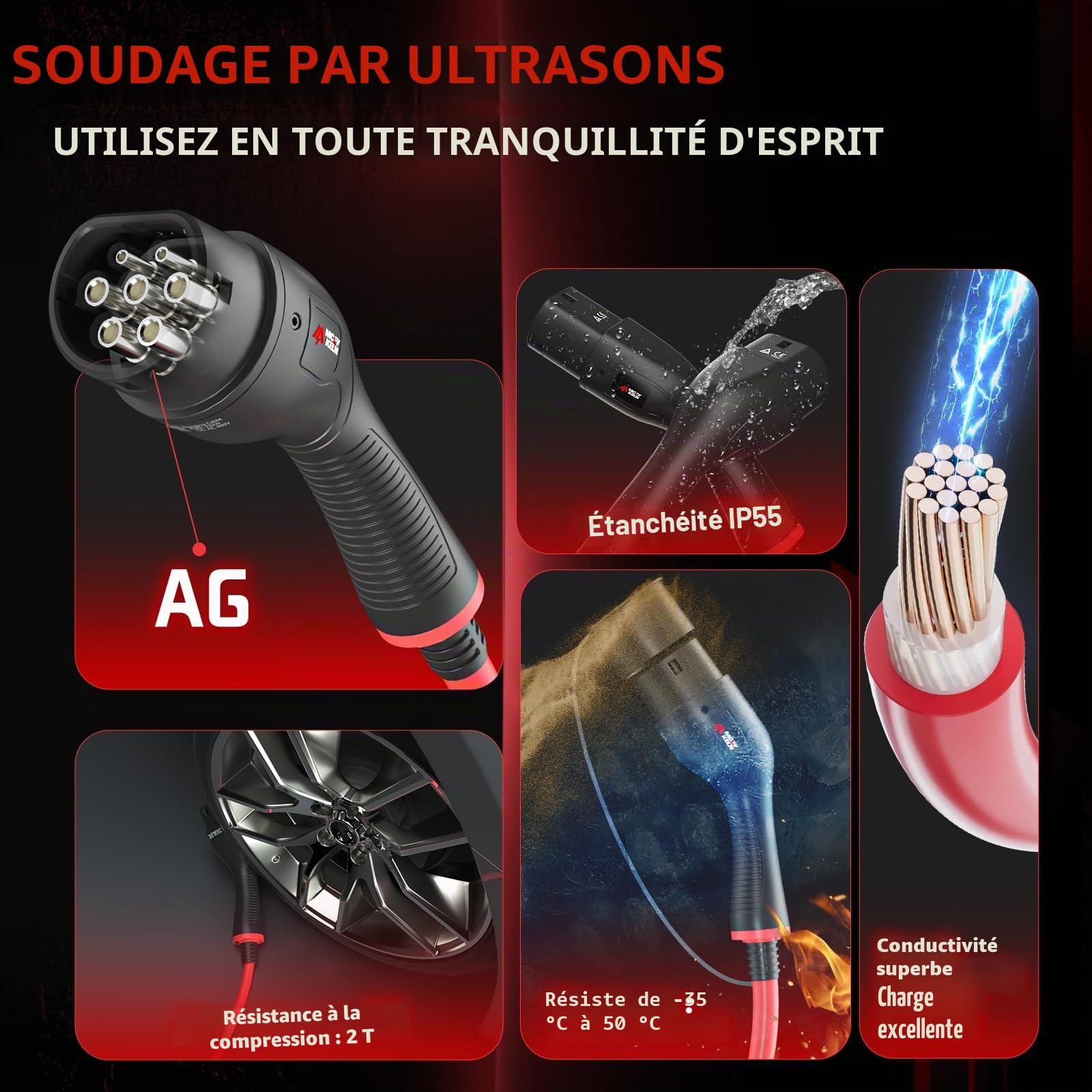 Câble de Recharge Type 2 – 22 KW 8 m, Mode 3, 32 A, Portable avec Pochette | Chargeur Triphasé pour VE & Hybrides, Compatible avec Les modèles Y/3/ID.4/IONIQ 5/EV6/Spring/5 E-Tech/e-208/500e