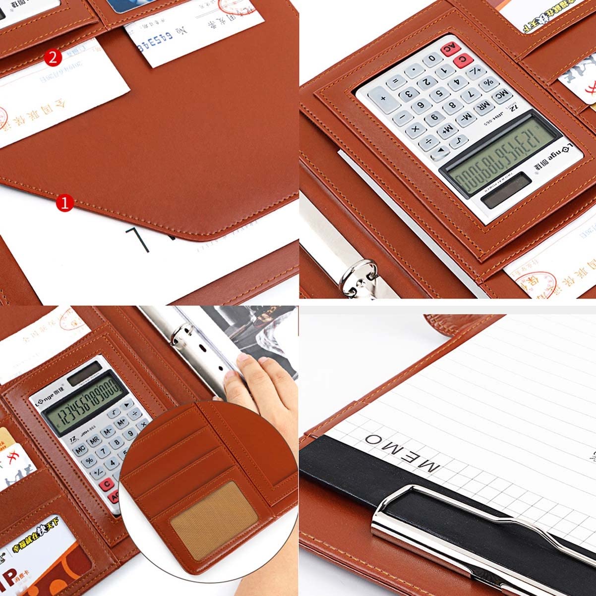 Organizador de Carpetas Padfolio Carpeta de 4 Anillas Carpeta de Cuero de PU Entrevista de Negocios Organizador de Documentos con Funda for Recibos y Tarjetero(Brown,12 bit Calculator)