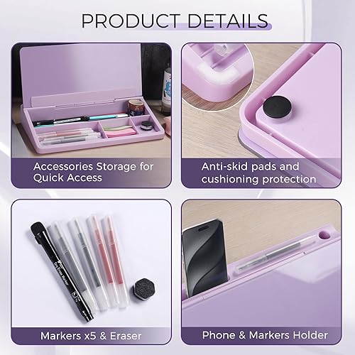 Miniatura 10 de TOWON Pizarra blanca de cristal de escritorio con carga inalámbrica, pizarra blanca de escritorio con cargador de teléfono, borrado en seco de