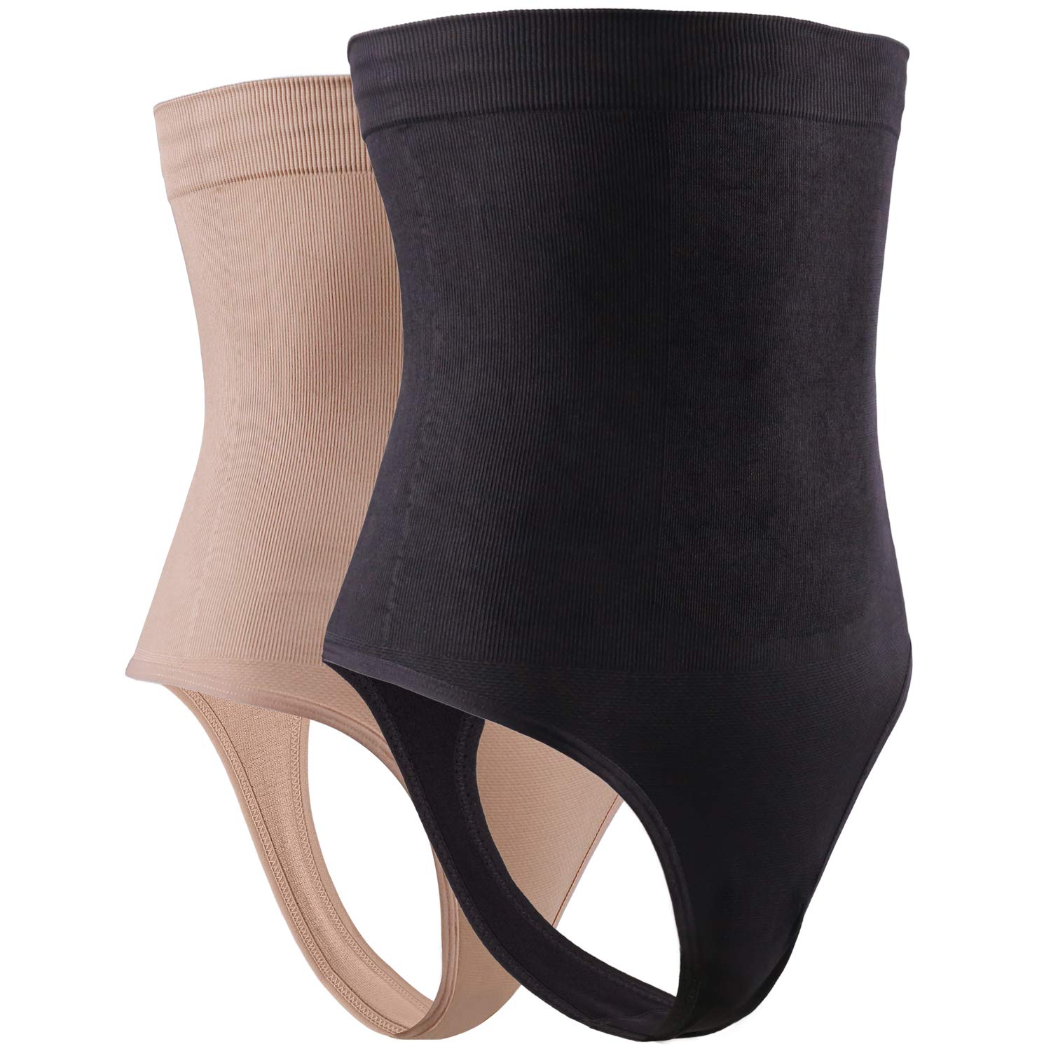 DREAM SLIM High Waisted Body Shaper Tummy Control Thong Shapewear for Women Seamless Panties Girdle Underwear (Nude/Black 2 Pack, XL/XXL)