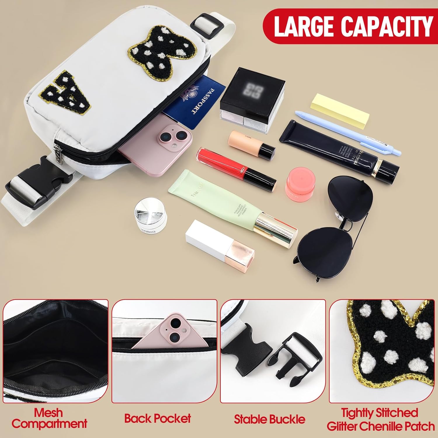 Chenille Initial Letter Bow Mouse Fanny Pack, Waterproof Park Crossbody Bag Christmas Birthday Gifts for Teen Girls Daughter Women Kids Adults, Cute Belt Bag Must Haves for Park Travel (A, White) - Image 4