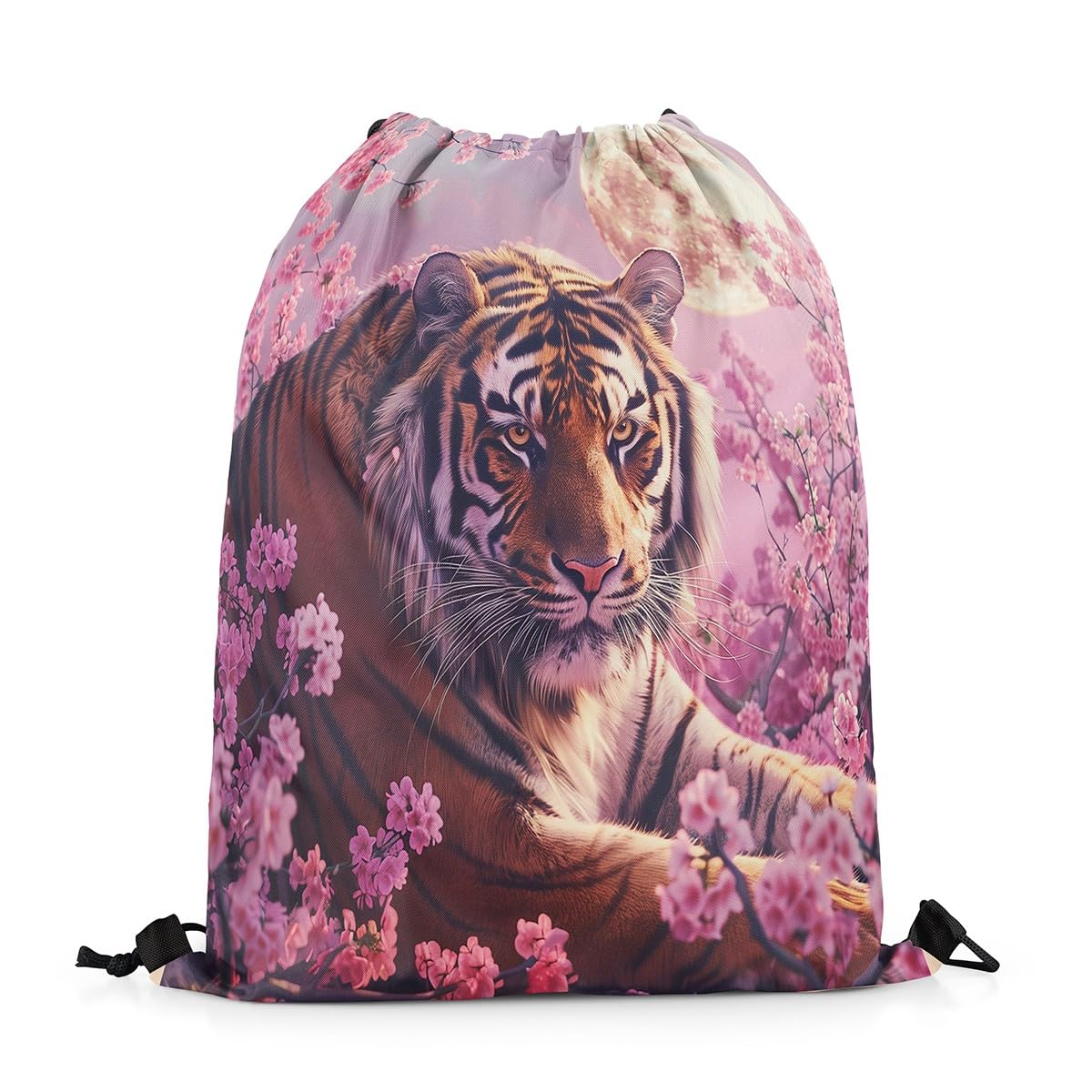 Castle Fairy Wild Tiger Drawstring Backpack 13"x16" Pink Peach Blossom Cherry Blossom String Bag Sports Sackpack Glitter Moon Wild Animal Eastern Style Drawstring Bag for Adults Men Women